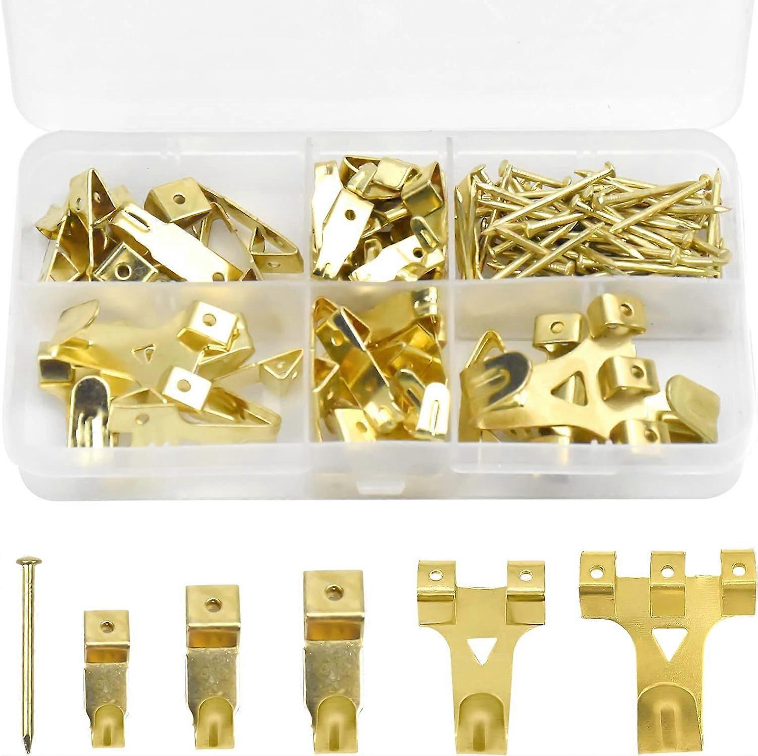 130 Pcs Metal Wall Hook, Picture Frame Hook Hanging Hooks with Screws Picture Hanging Kit, for Canvas, Photos, Clock, Mirror (Gold Color)