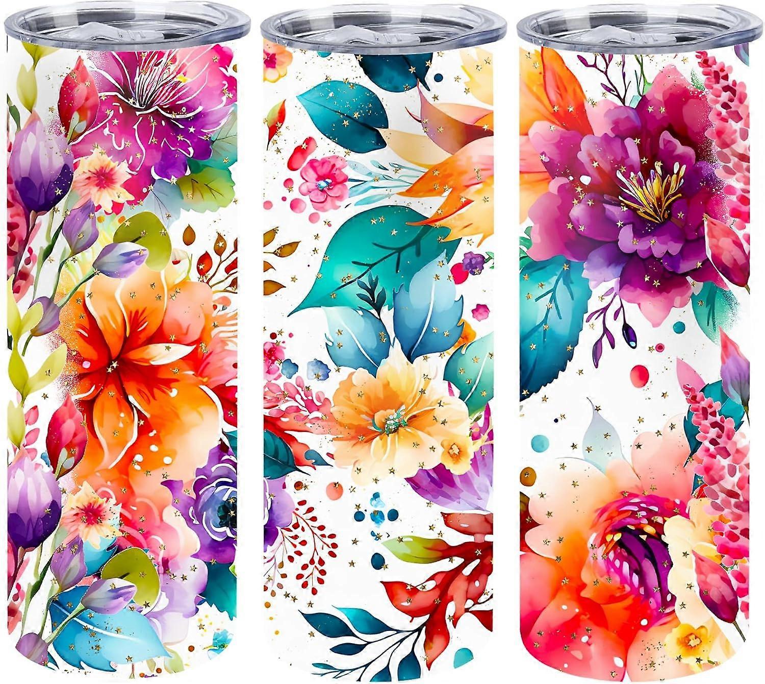 1 Pcs Watercolor Floral Tumbler with Lid, Insulated Double Wall Stainless Steel Slim Travel Tumbler Mug for Coffee Tea Beverages, 20 oz