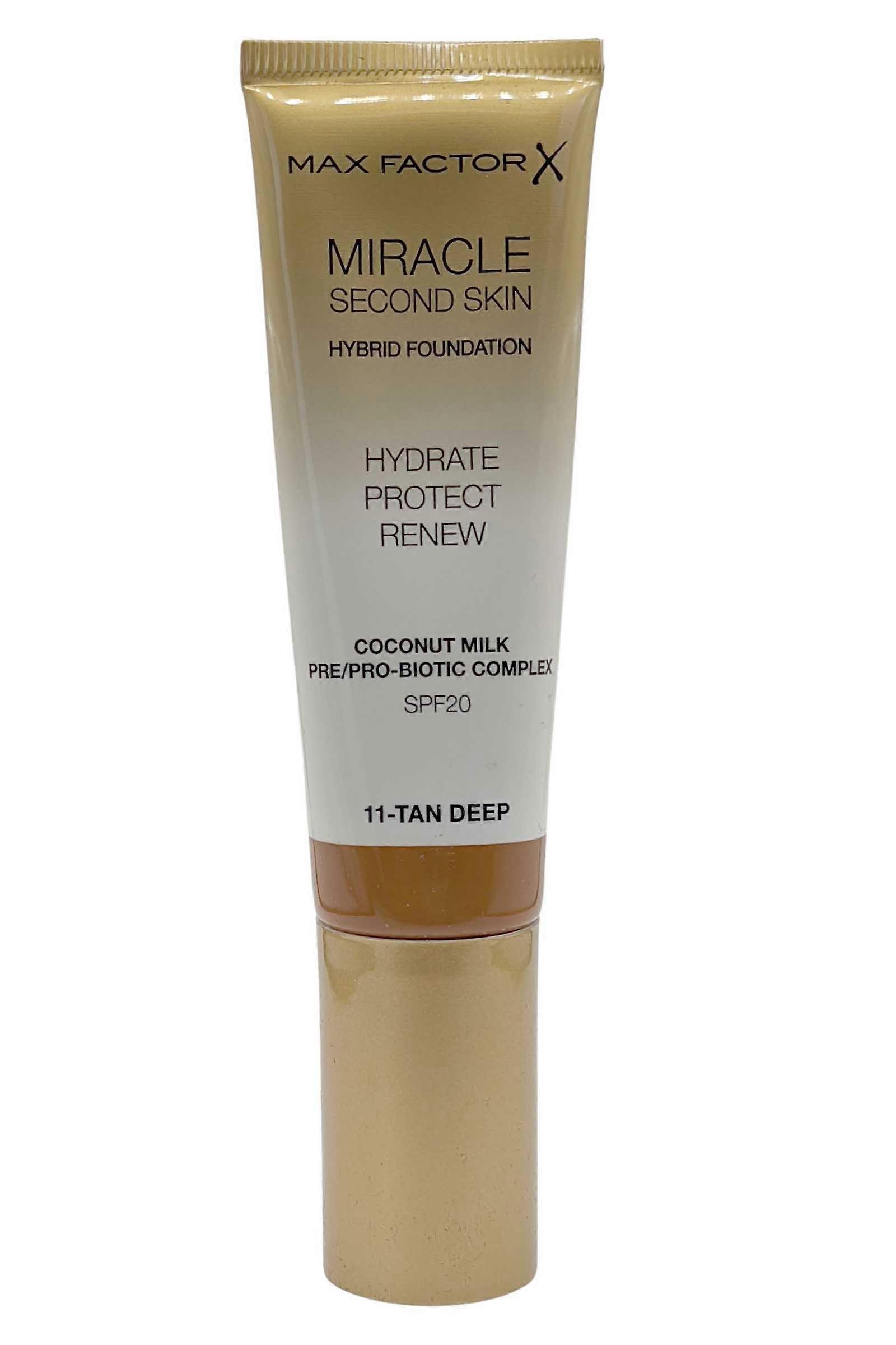 Max Factor Miracle Second Skin Foundation Hydrate Protect Renew SPF20 30ml Deep Tan #11