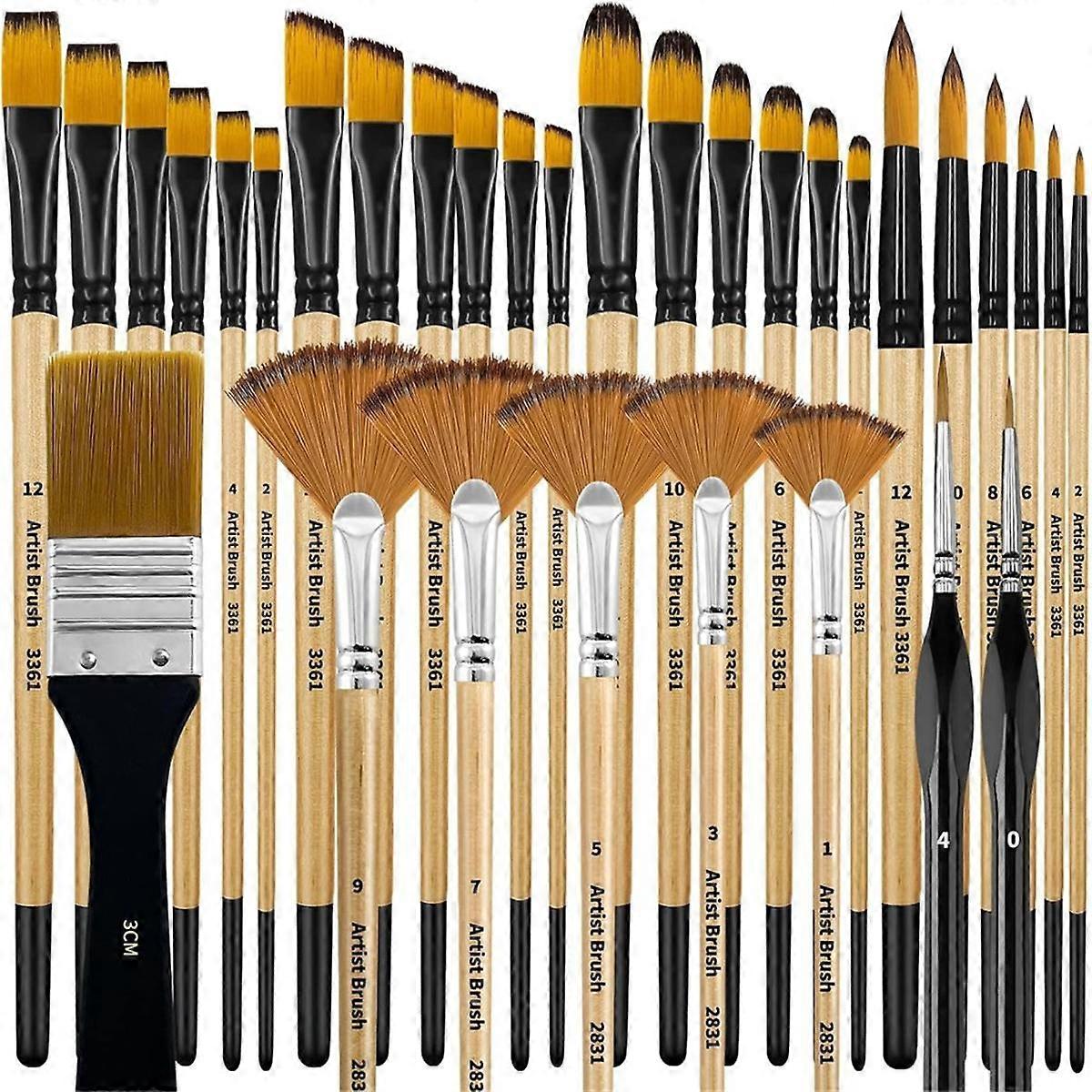 Paint Brush Set, Nylon Bristles with Round, Filbert, Flat, Fan, Angle, Suitable for Artists and Beg