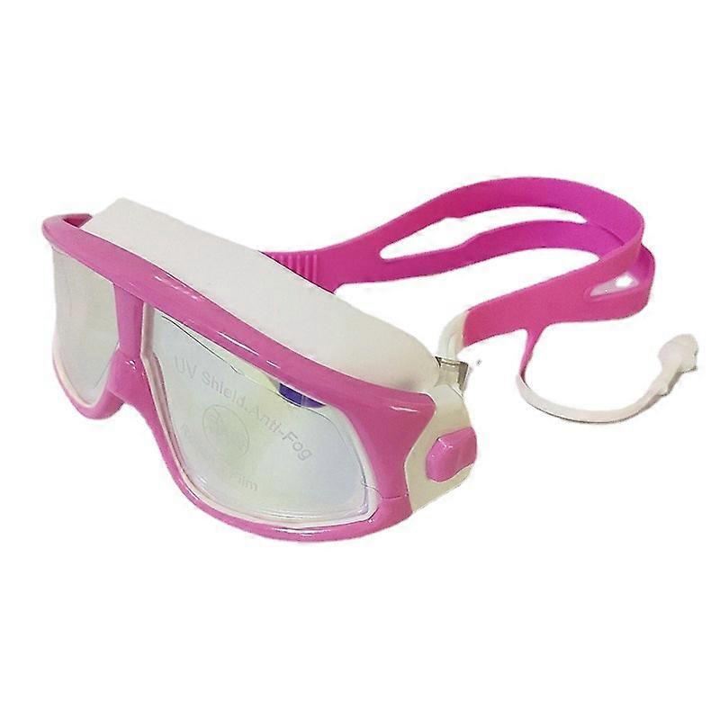Large Frame Children's Swimming Goggles, Electroplating Anti-fog Hd One-piece Earplug Swimming Goggl Pink White