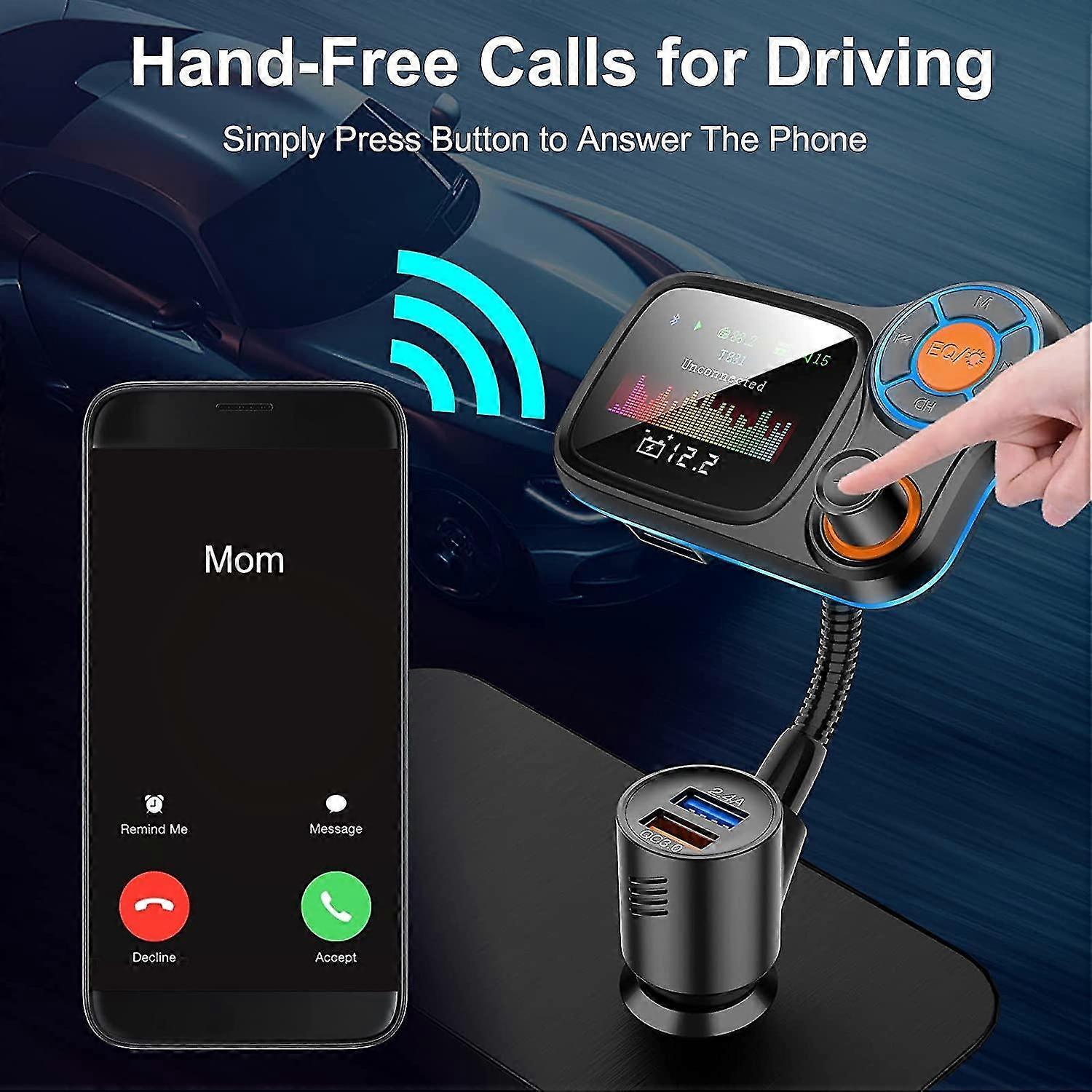 Bil Bluetooth FM-sender, trådløst FM-radiobilsæt, håndfri opkald, 2.4a og Qc3.0 dobbelt oplader, understøtter Tf / SD-kort / USB-drev