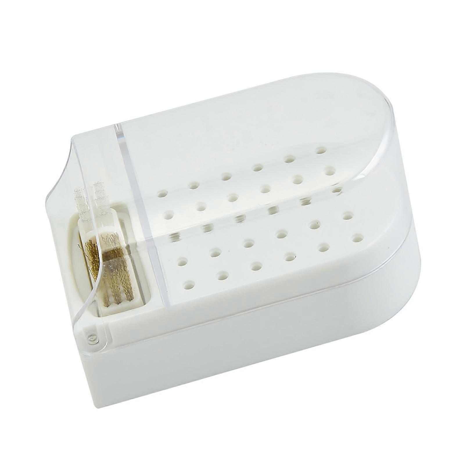Nail Drill Bit Display Box Plastic 30 Holes Dustproof Transparent Portable Nail Drill Bit Holder with Cleaning Brush White
