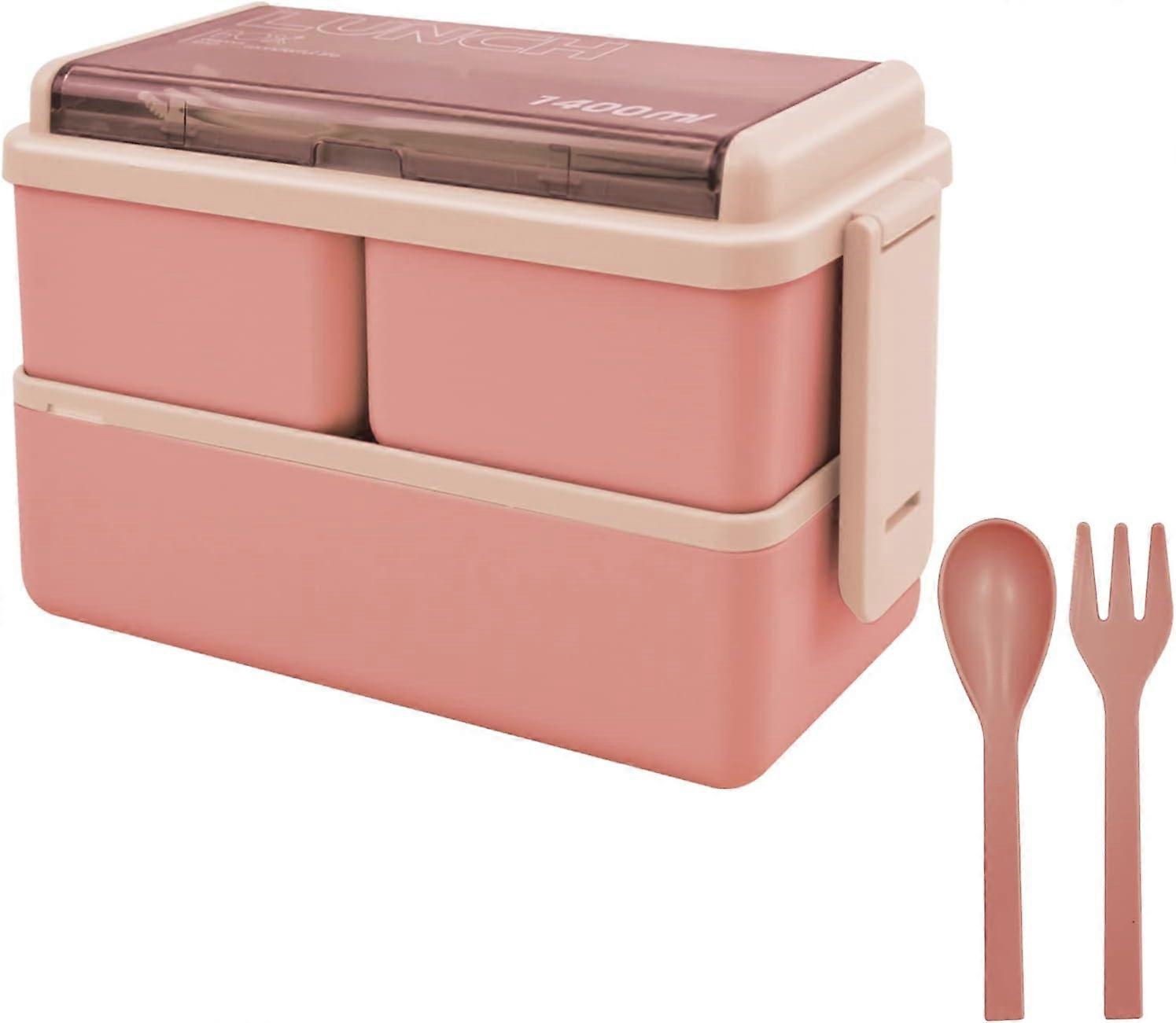 Lunch Box Stackable,1400ml Containers with 3 Removable Compartments and Cutlery, Leak Proof 2 Layer Boxes(Pink)
