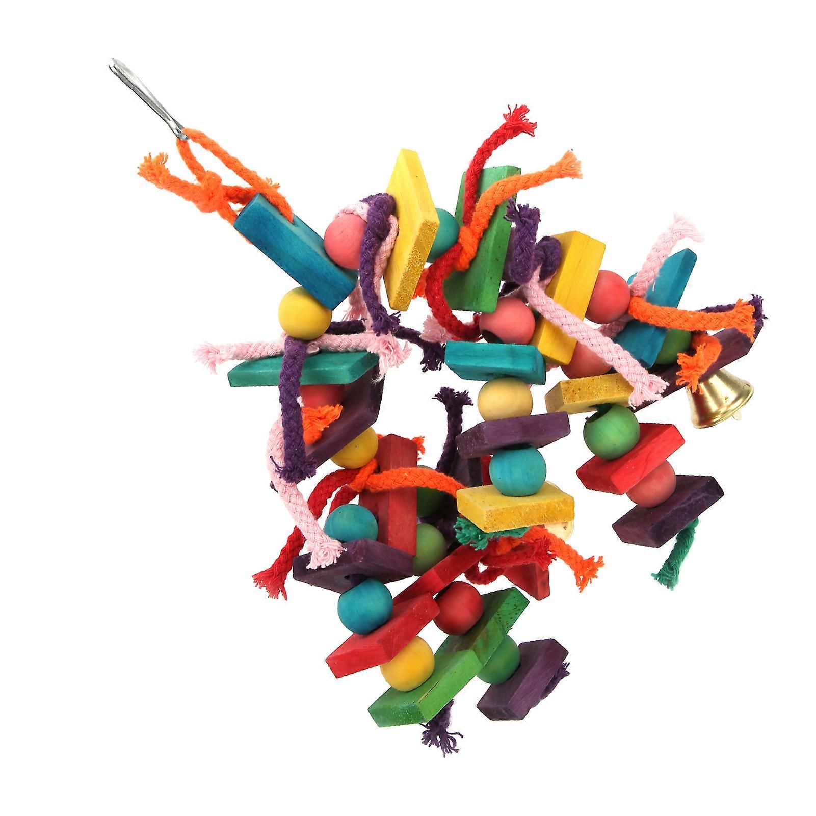 Parakeet Chewing Toy with Multicolored Natural Wooden Blocks and Thick Rope for Pet Birds