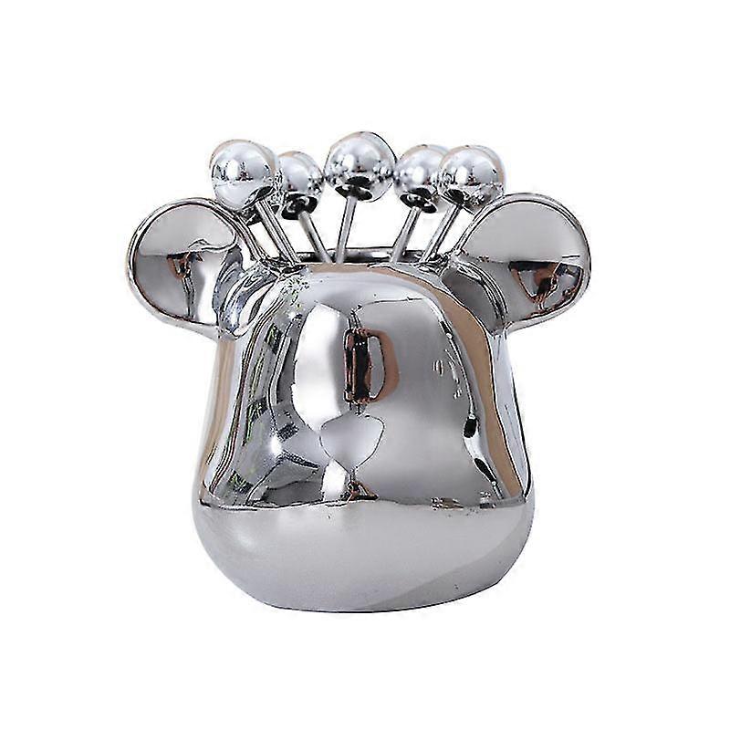 Bear Head Ceramic Fruit Fork Storage Jar with 6 Stainless Steel Forks