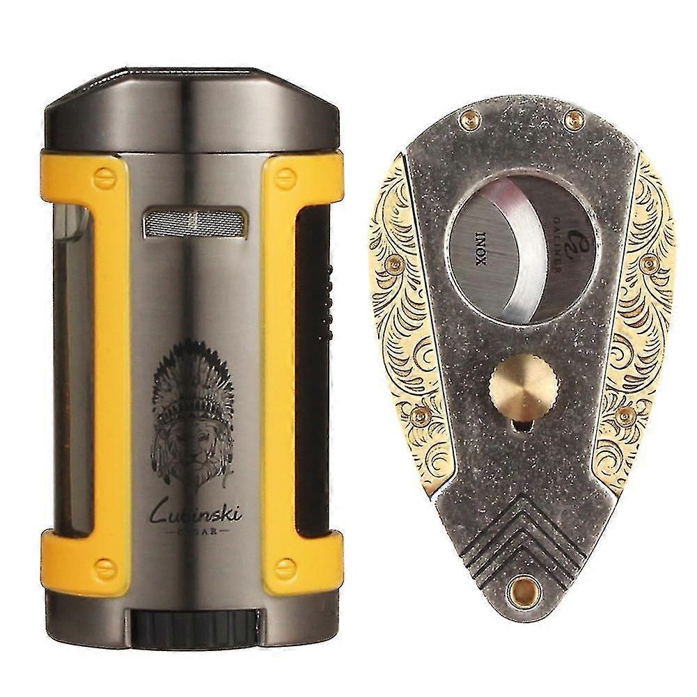 ハイエンドシガーライターカッターセットメタル4トーチフレームシガーライターWホルダートップスタンレススチールシガーカッタースモークツール