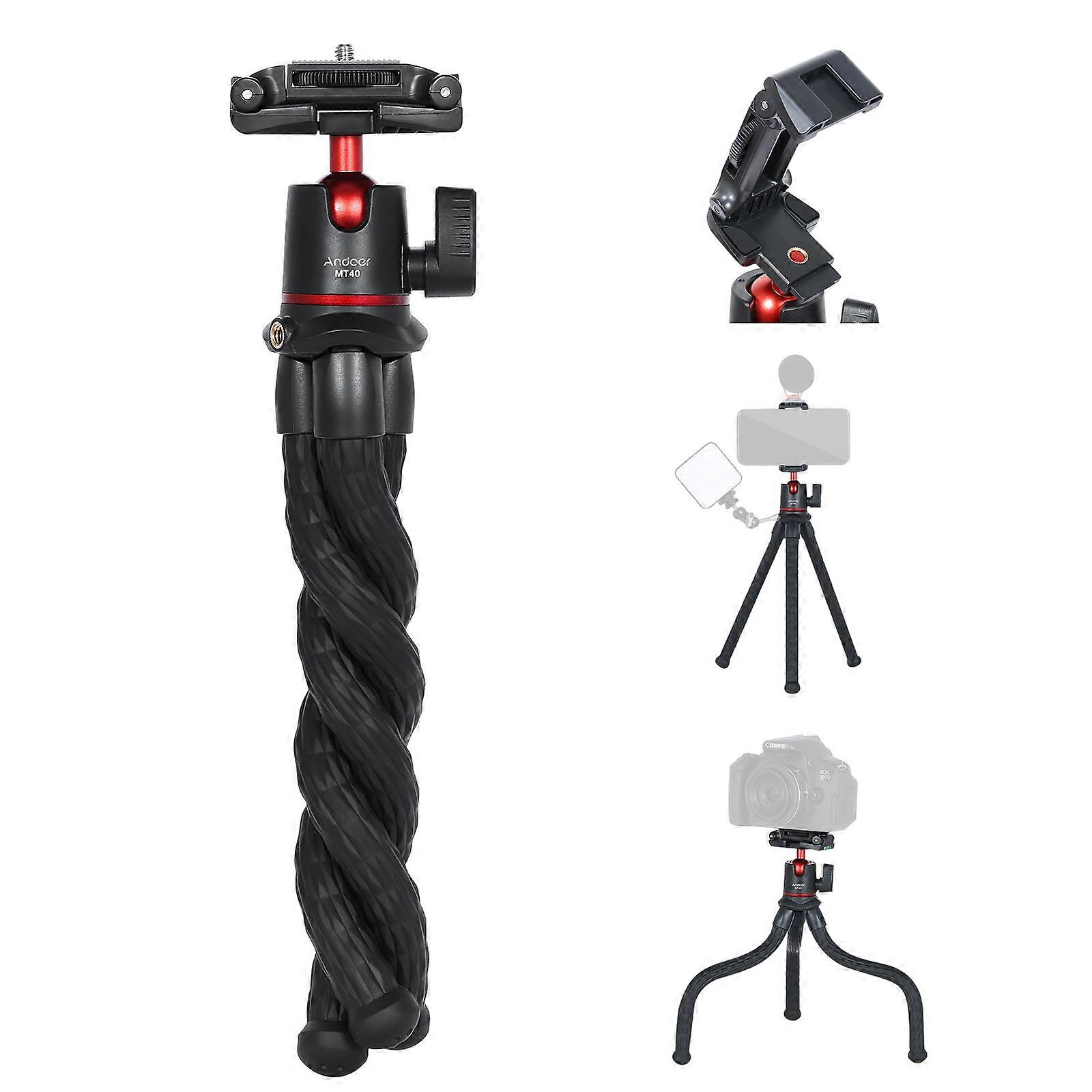 MT40 Flexible Octopus Tripod Stand Desktop Vlog Bracket 360 Rotatabble with 1/4 Inch Screw & Phone Holder 2-in-1 Platform Cold Shoe Mount for Smartpho
