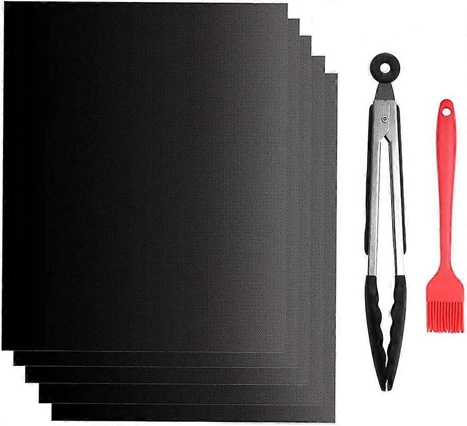 BBQ Grill Mat Set of 5,Non-stick Barbecue Grill & Baking Mats for Baking on Gas, Charcoal, Oven and Electric Grills Reusable with 12" BBQ Tongs and Si