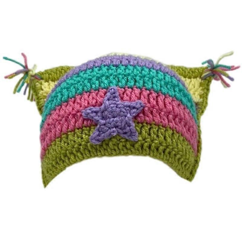 Virkad randig handgjord kattöronmössa mjuk vintervärmare stickad mössa kall vinterpresenter för studenter tonåringar