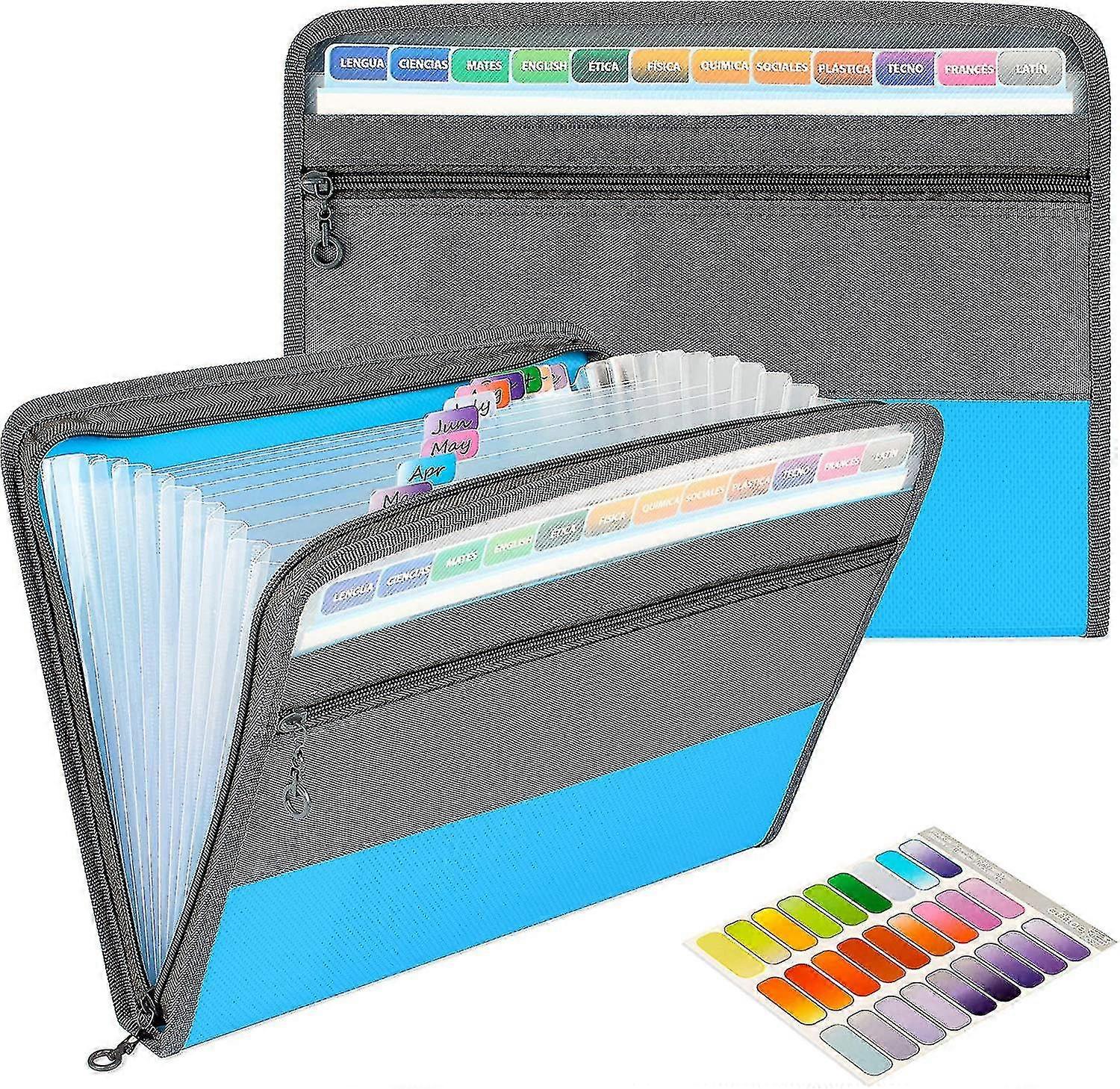 1pc 13 Pockets Zippered Expanding Folder A4 Plastic Folder Waterproof And Sturdy Folder (blue)