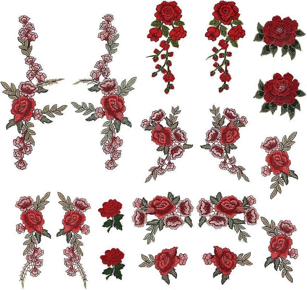 9 Pair Rose Embroidered Flower Applique Sew On Embroidered Flower Patches 3D Red Flower Sew Iron On Patch Embellishments Applique Sewing Patches for C