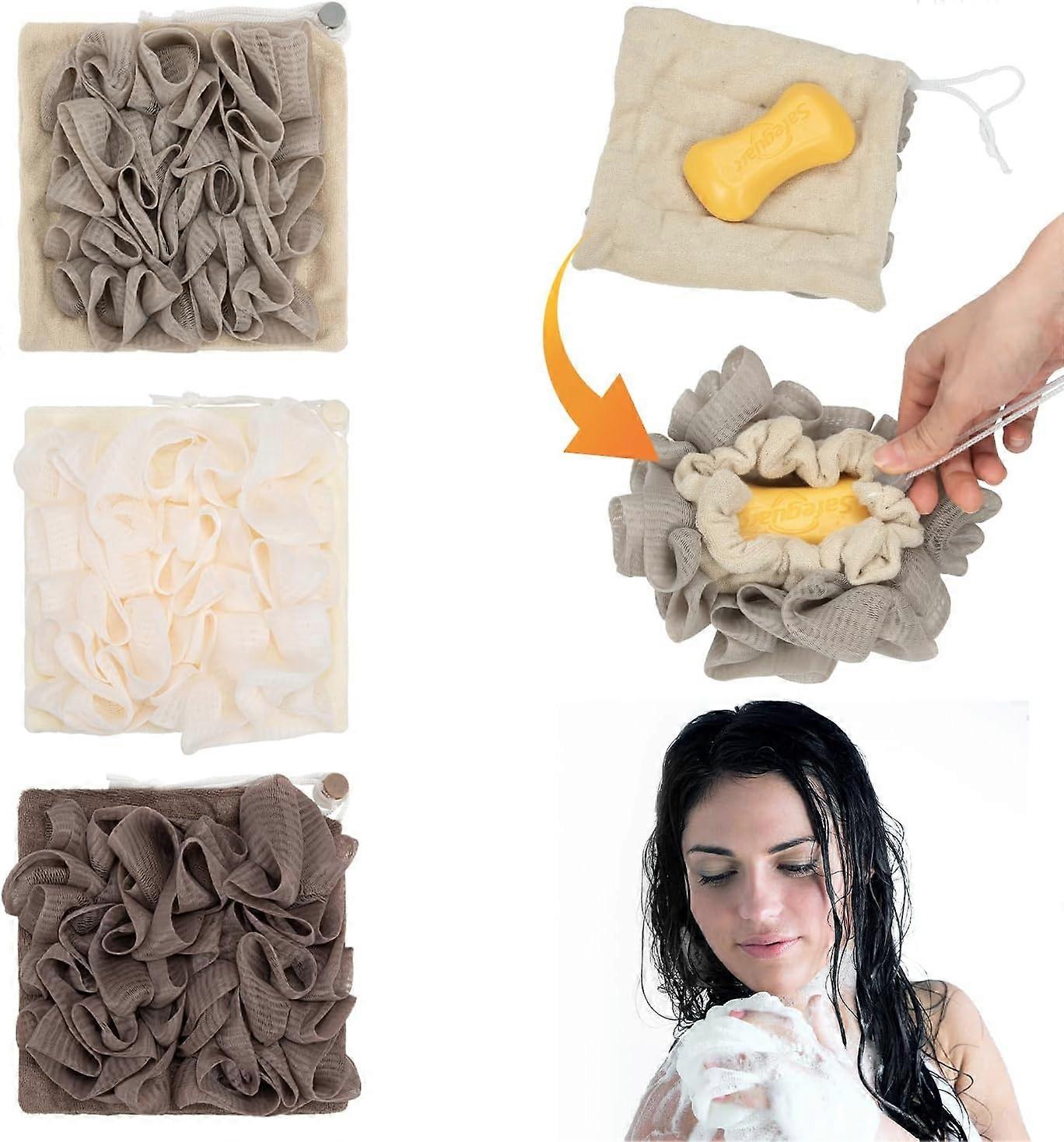 unbrand 3 PCS Luffa Gant de toilette 2 en 1 Bain Loofah Femmes Hommes Exfoliant Épurateur Corporel D