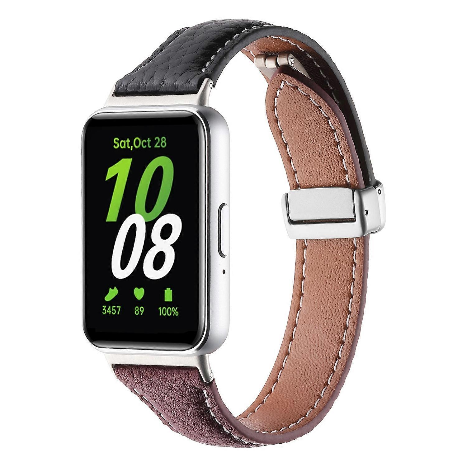 适用于三星Galaxy Fit 3皮带荔枝纹理磁性扣黑色/玫瑰金色