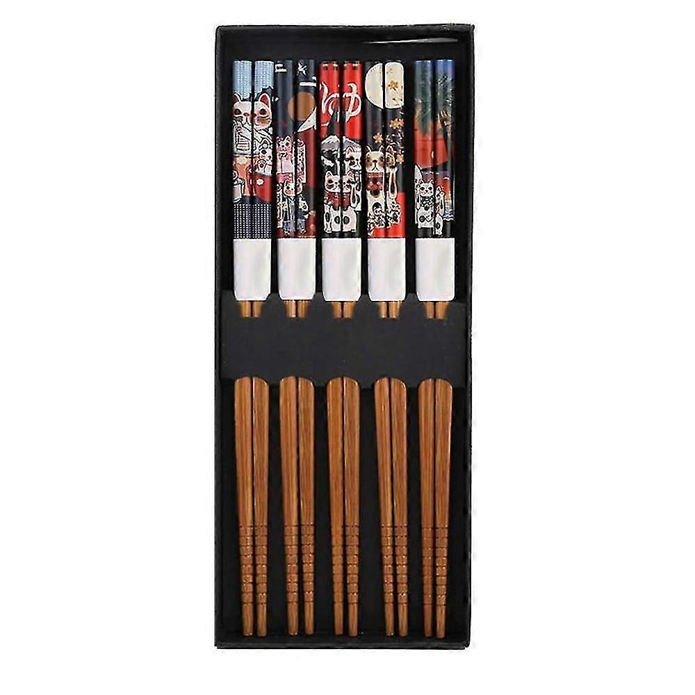 5 Pairs Chopsticks Set, Bamboo Natural Reusable Chopsticks, Chopsticks Gift Set -lucky Cat