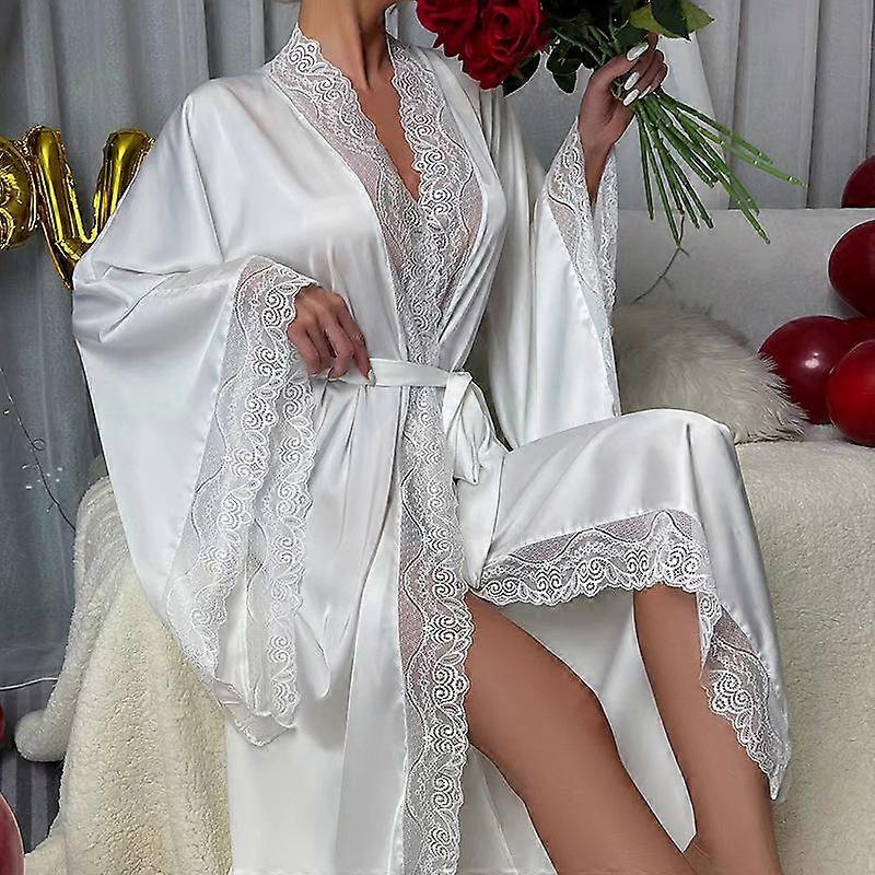 Spring and Summer Satin Women's Lace Long-sleeved Cool Nightgown