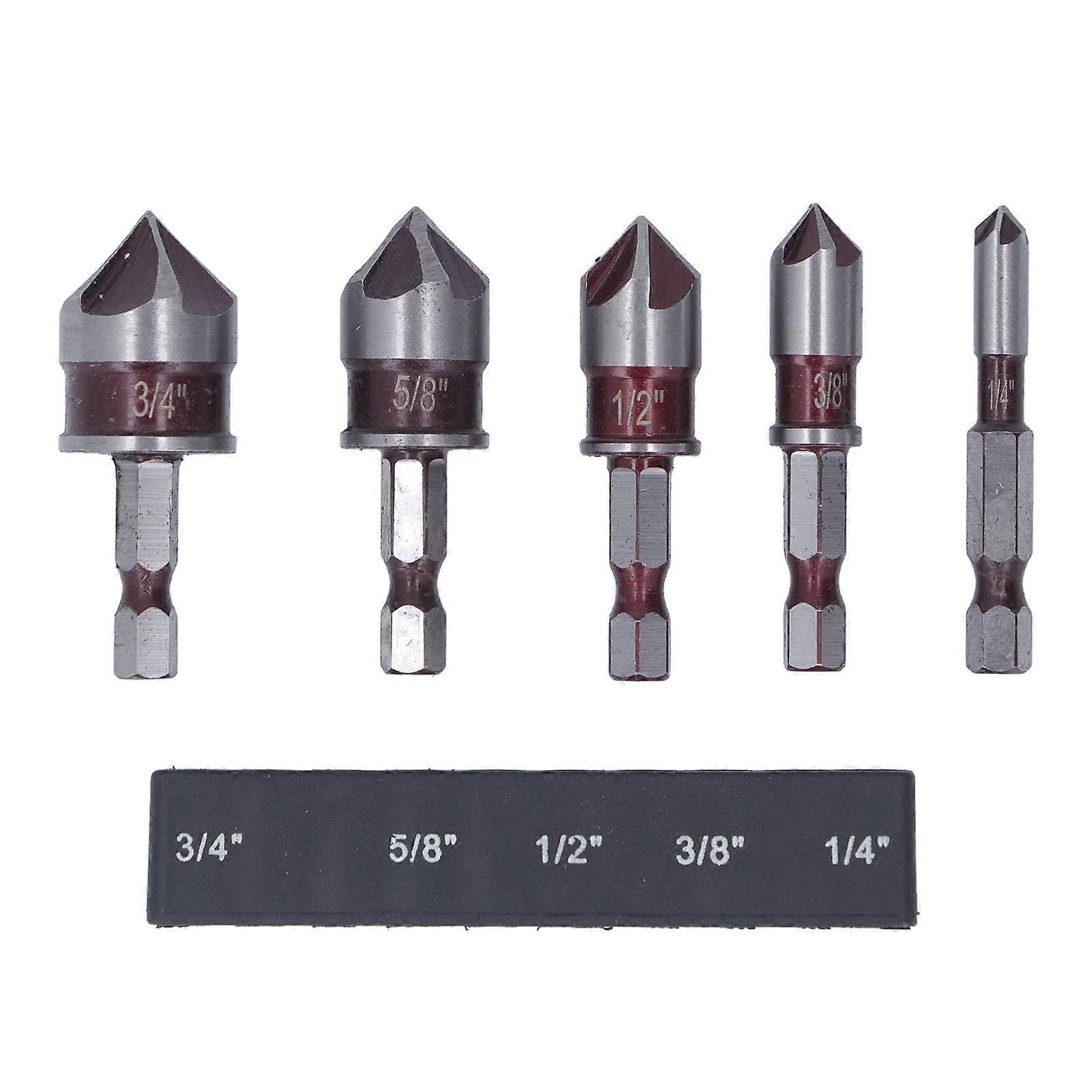 Countersink Drill Bit Set 1/4, 3/8, 1/2, 5/8, 3/4 in, 5 Flutes, 1/4 in Hex Shank, for Woodworking Electric Drill, Parts & Accessories