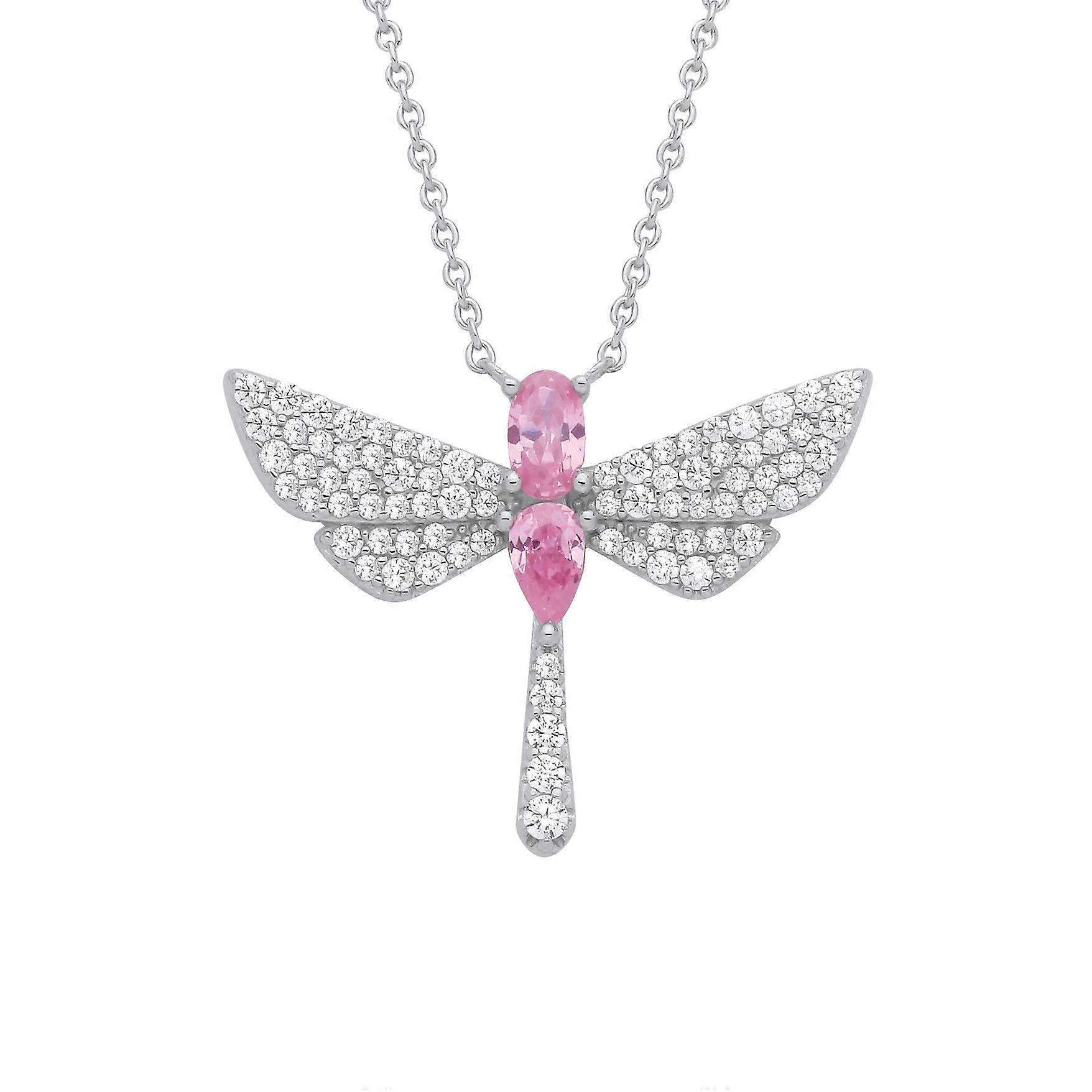 Jewelco London Ladies Rhodium Plated Sterling Silver Pink Pear Oval CZ Soaring Dragonfly Lavalier Necklace 16 + 2 inch