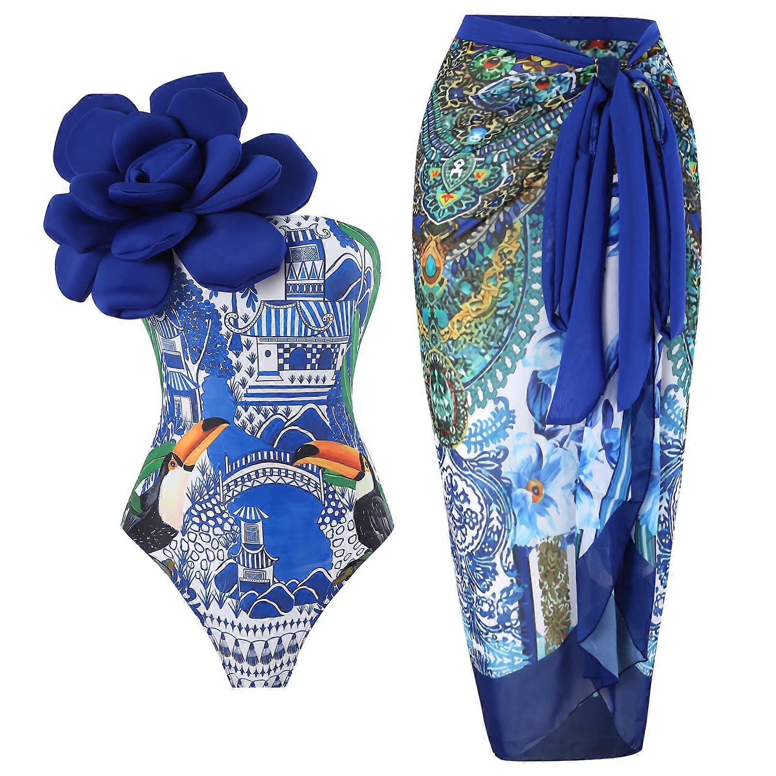 Damen Blumen 2 Stück Bademode Set Bequeme Druck Tummies Kontrolle Badeanzug und Wrap Beachwears Badeanzug Set blauer Anzug XL