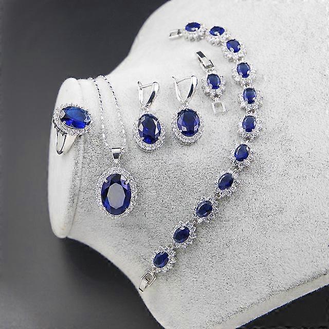 Set di gioielli in argento 925 con anello, orecchini, collana e bracciale, forma ovale, zirconi, pietre preziose, accessori per donne, feste di matrimonio