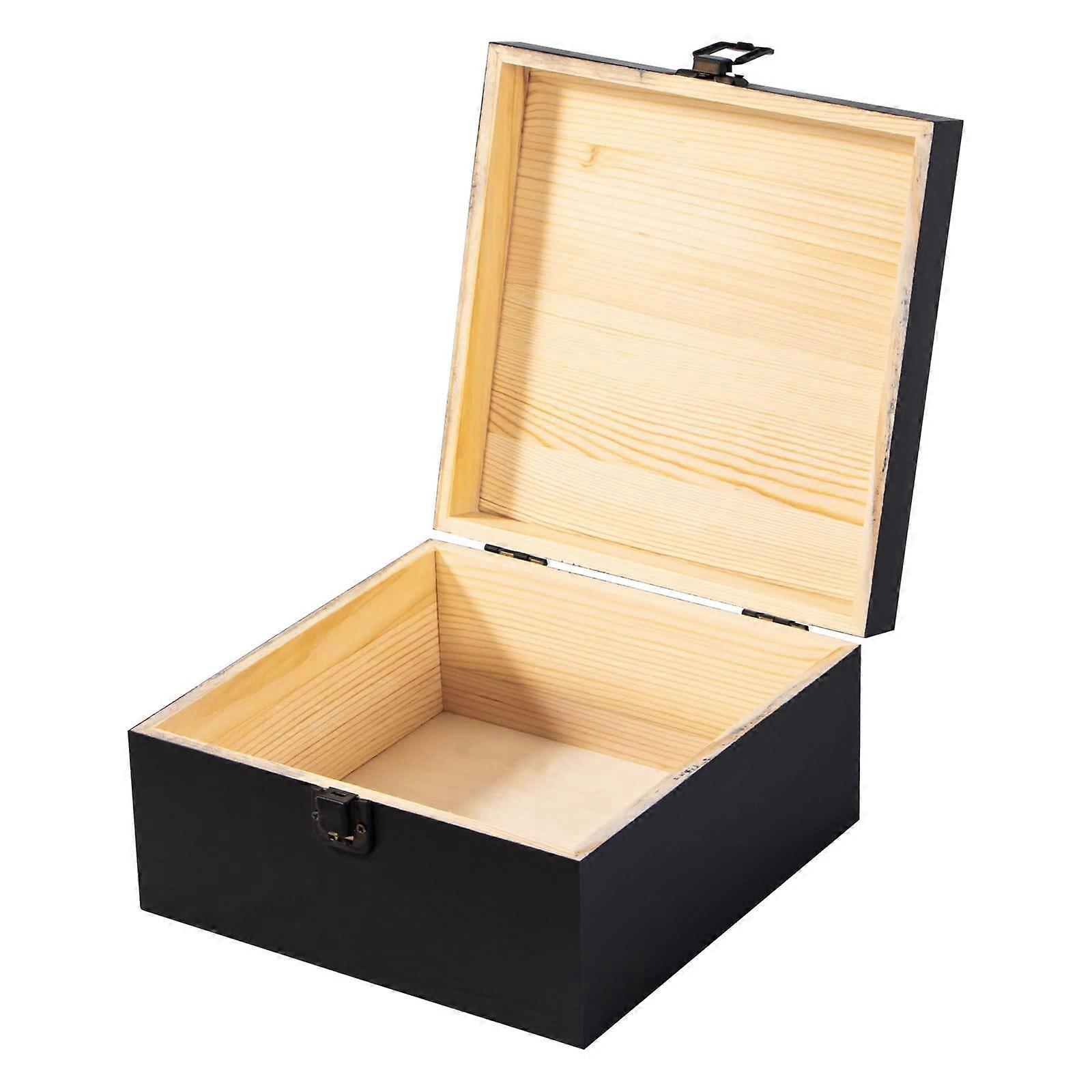 Vintage Wooden Storage Box with Hinged Lid and Front Clasp, 7.7'' x 7.7'' x 3.9'', Rustic Matte Black Keepsake Container for Crafts and Home Decor