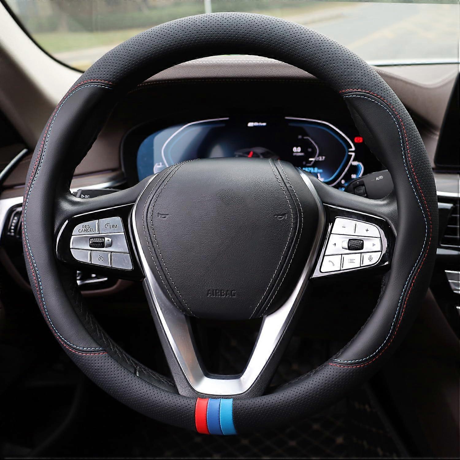 Vehicle Steering Similar Cover for BMW X5 X7 3 5 Series 328I 528I etc., Leather Black (Red Blue)