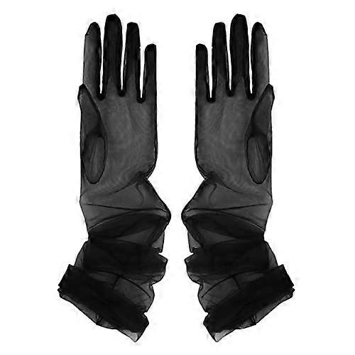 Long Transparent Tulle Gloves for Wedding Bride, Elbow Length, Ultra Fine Material, Plain Color Black