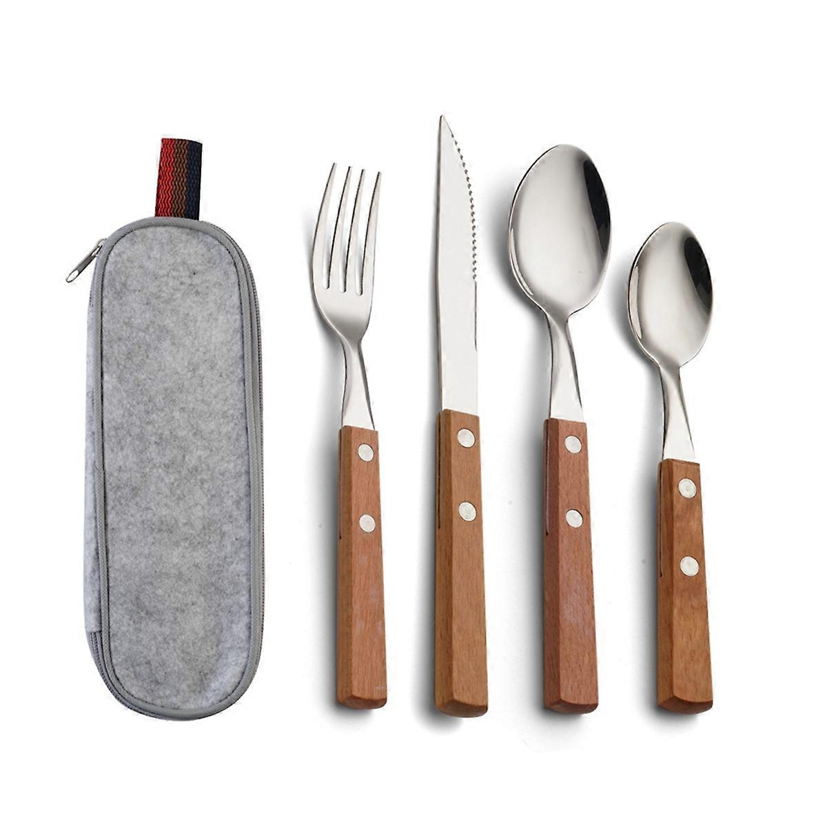 Complete cutlery set Knife, fork, chopsticks and spoon Stainless steel travel set fork With wooden handle A