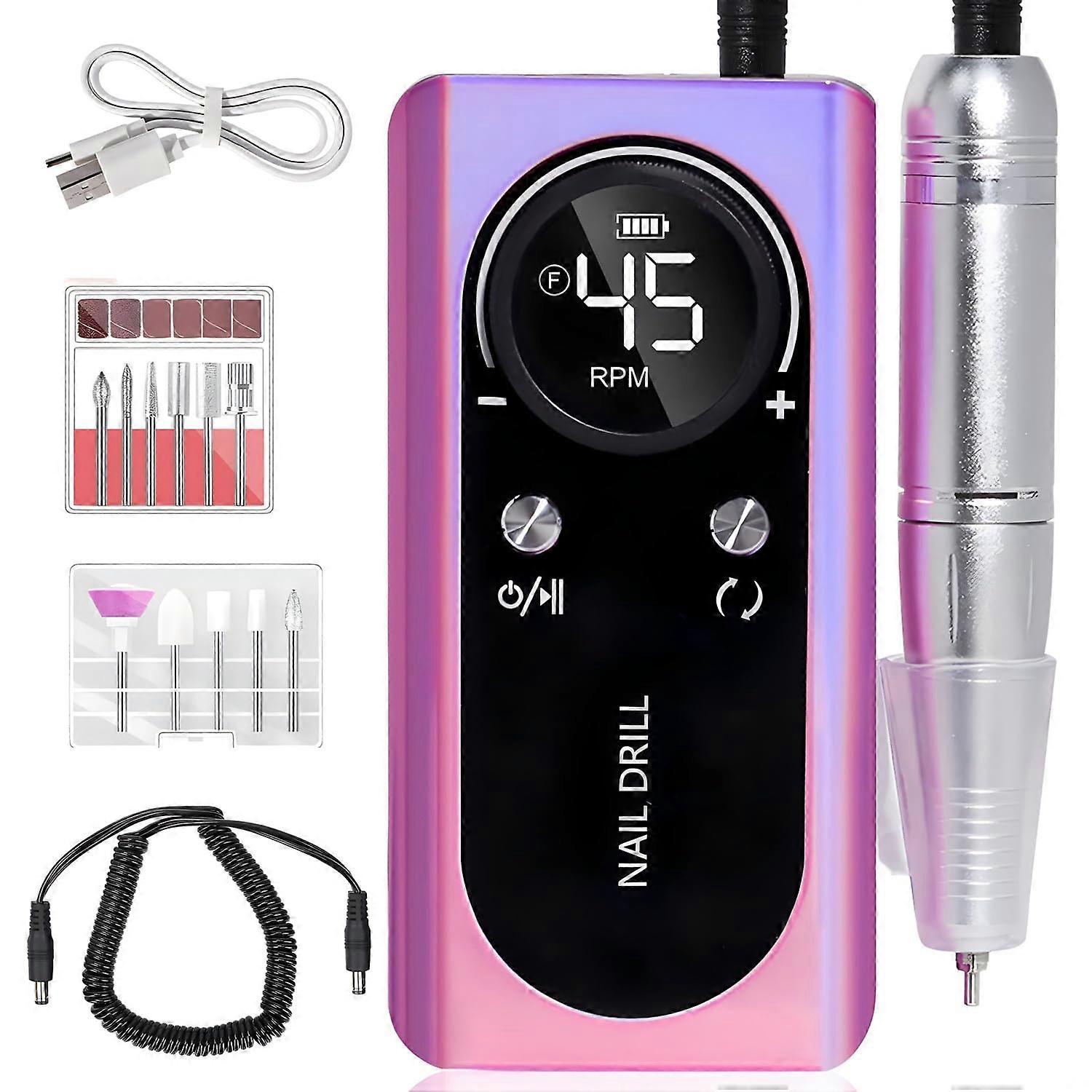 Electric Nail Drill Machine 45000RPM Rechargeable Portable File Kit with Smart LCD Screen for Gel Manicure and Pedicure
