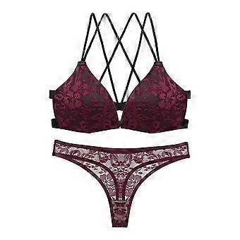 Sheer Lace Three Point Set Cosplay Lingerie Strappy Bra and Thong Panties for Womens Girls Erotic Lingerie Uniform  Red 80B
