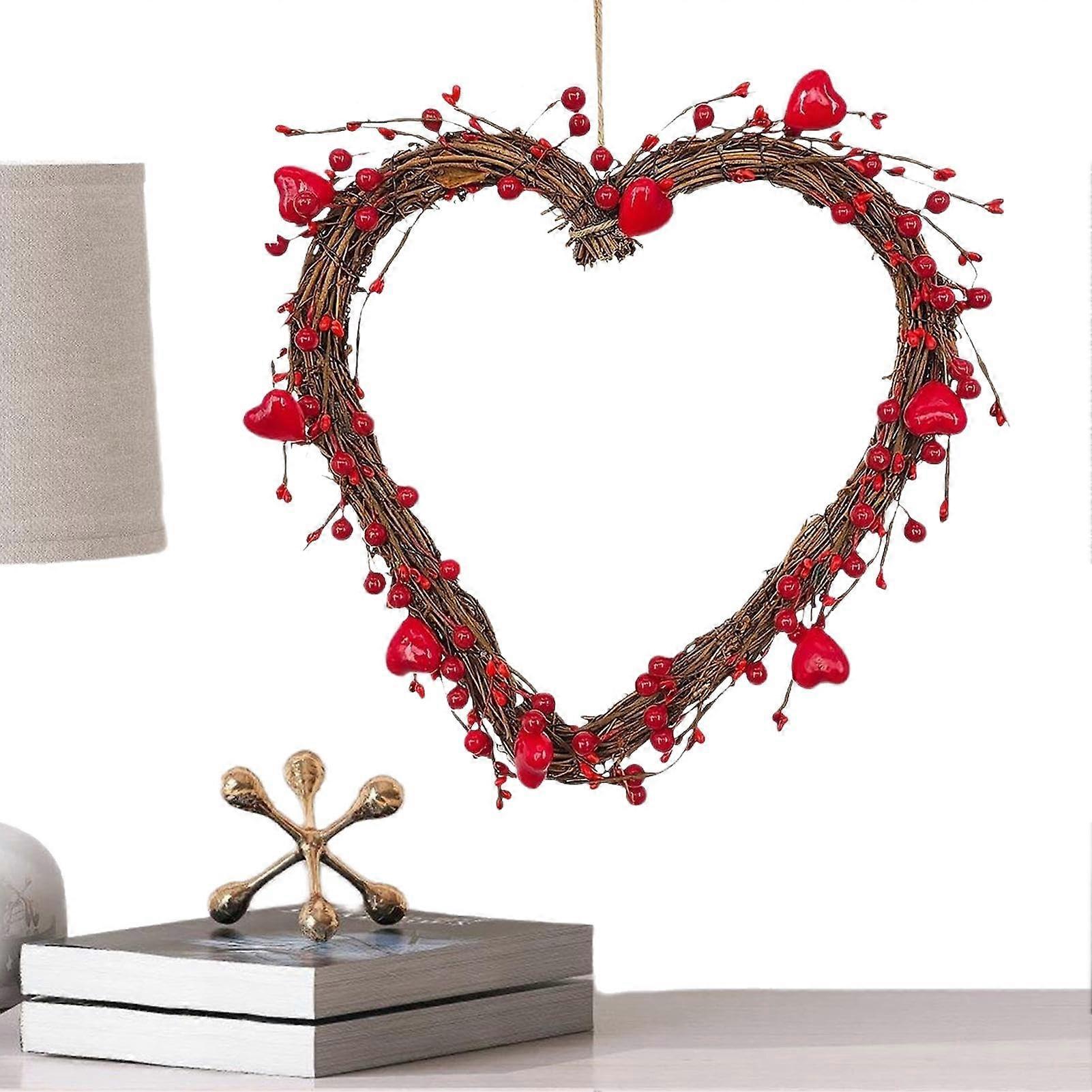 Valentine's Day Wreath With Red Berries, 30 cm, Heart-Shaped Door Wreath for Entryways, Offices, Front Doors