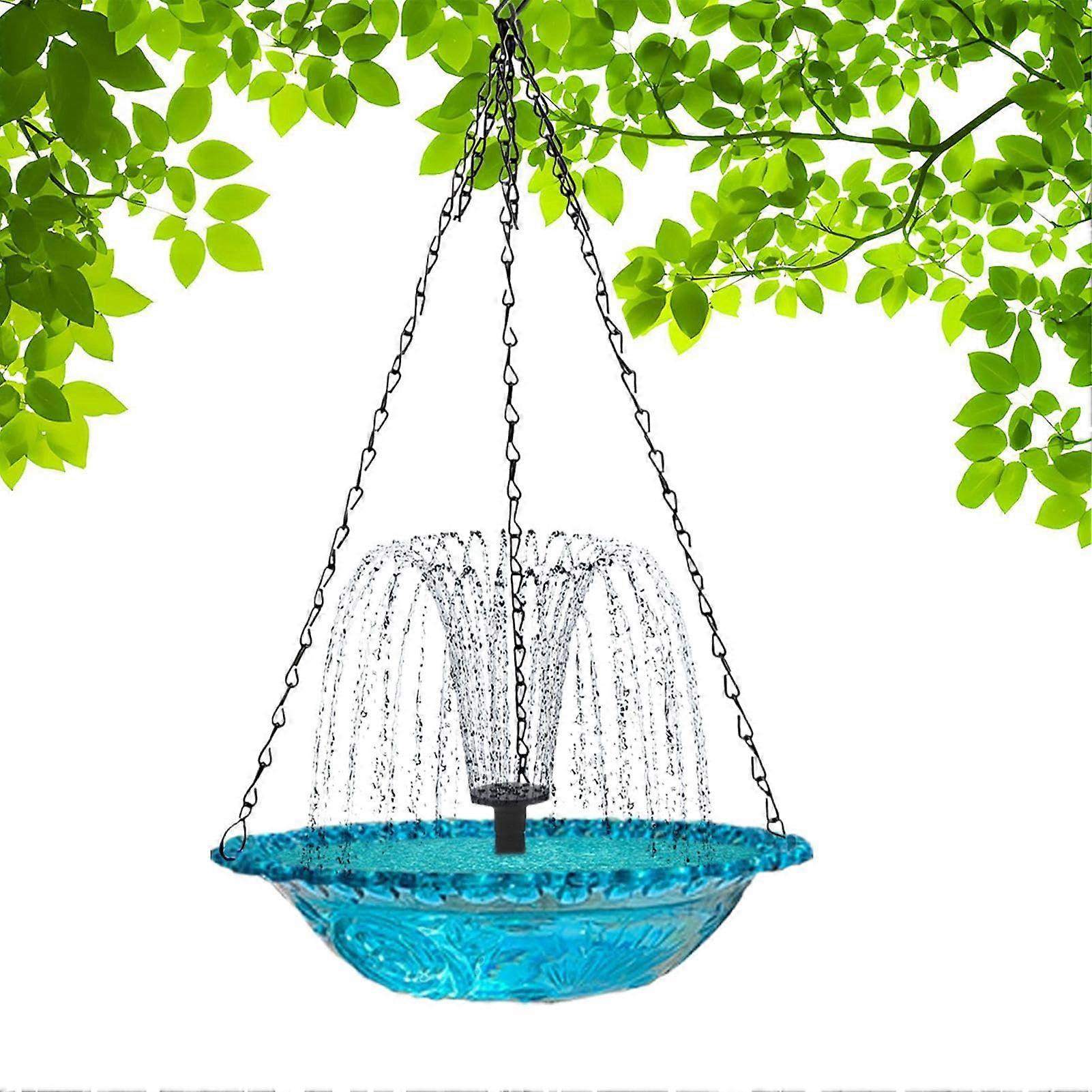 Bird bath with solar fountain, hanging drinking station for garden blue