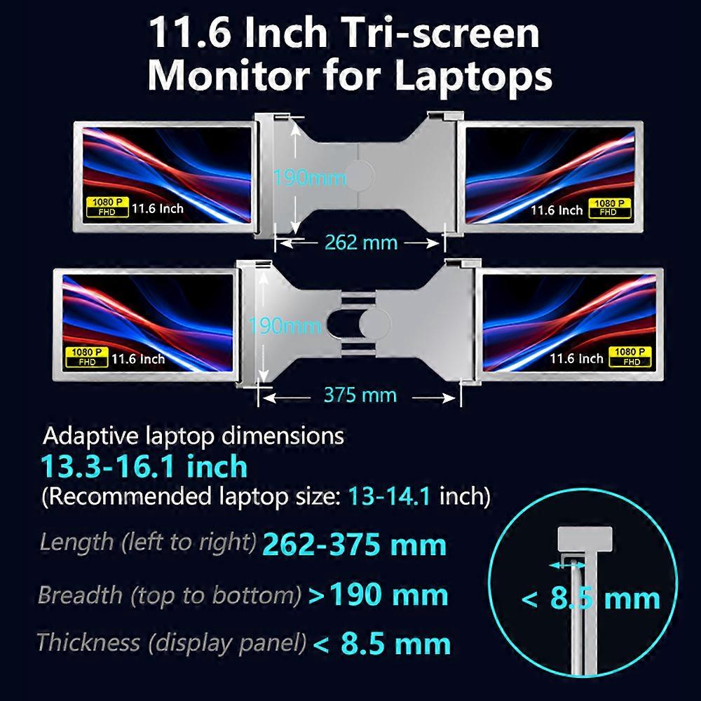 11.6 inches Laptop Expansion Screen FHD Portable Tri-screen Monitor with 1 Cable for 2 Displays for Windows, MacOS for 13.3-16.5 inch Laptop