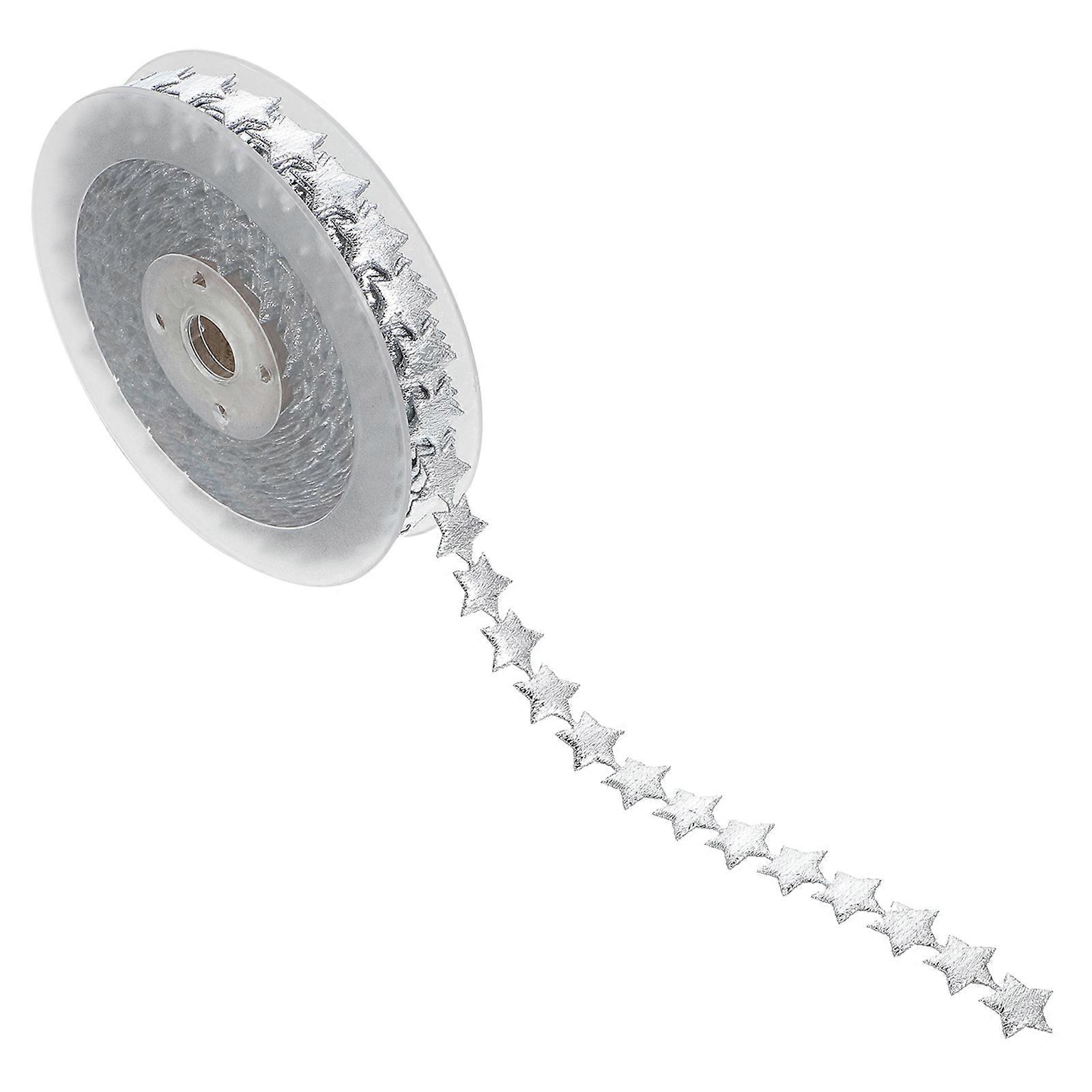 Silver Embossed Five Pointed Star Ribbon Roll – Bright Face Decorative Accessory for Christmas Wrapping, DIY Crafting, Xmas Ribbon Garland