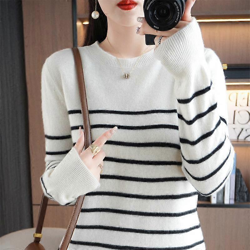 DAFIFY Women's Fashion Casual Fall Winter Stripe Print Long Sleeve O-Neck Sweaters