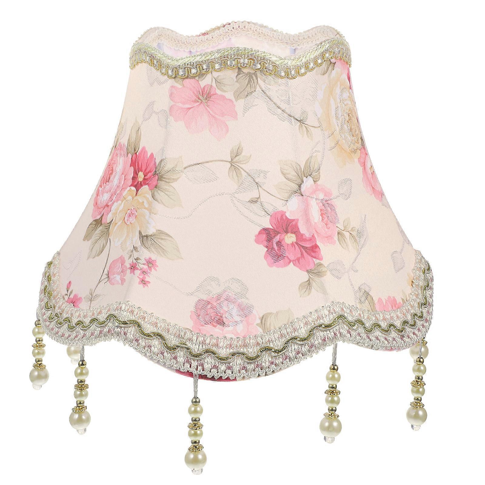 Retro Scalloped Fabric Lamp Shade with Beads, European Design, Flower Pattern for Bedroom or Living Room Table Lamps