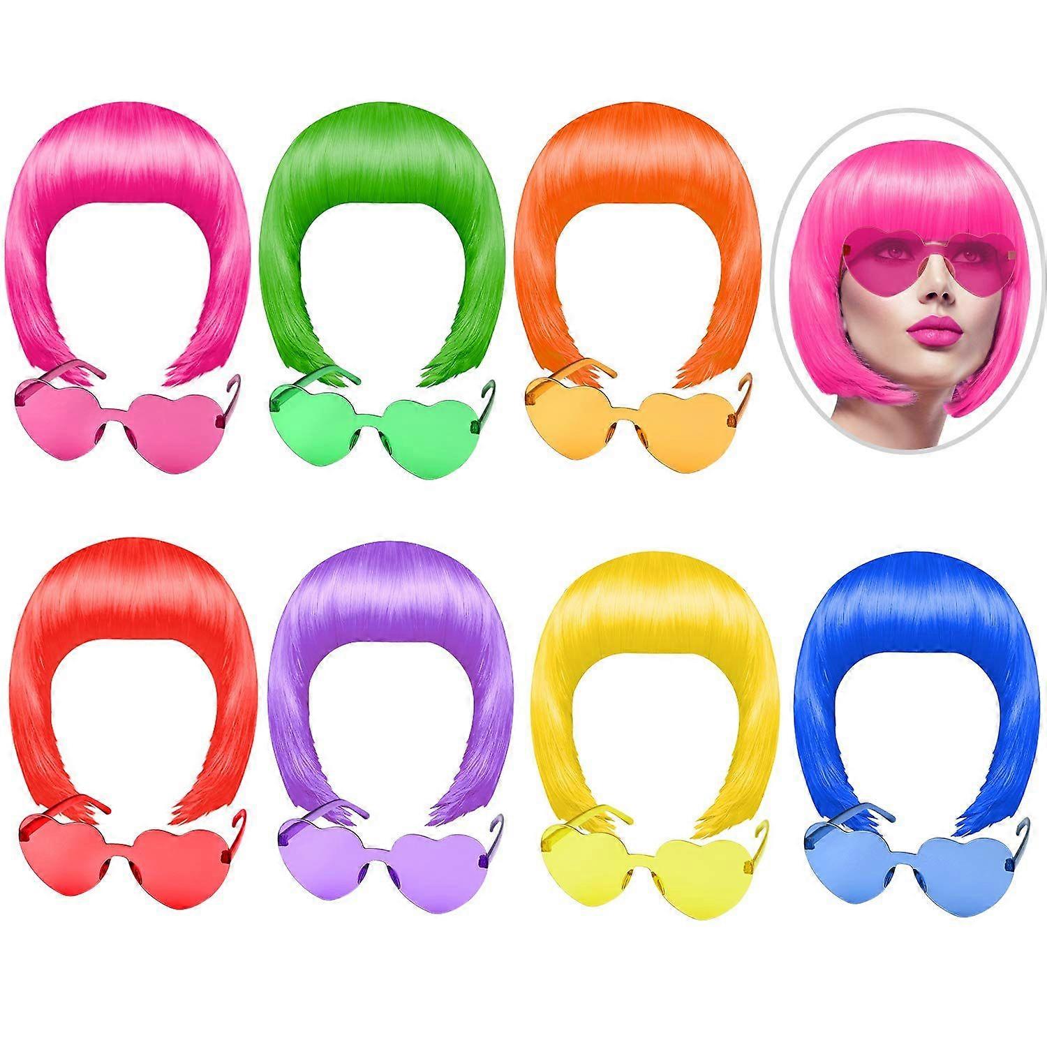 2025 Latest Model 14Pieces Party Wigs & Sunglass Set,Neon Short Bob Wig Sunglass
