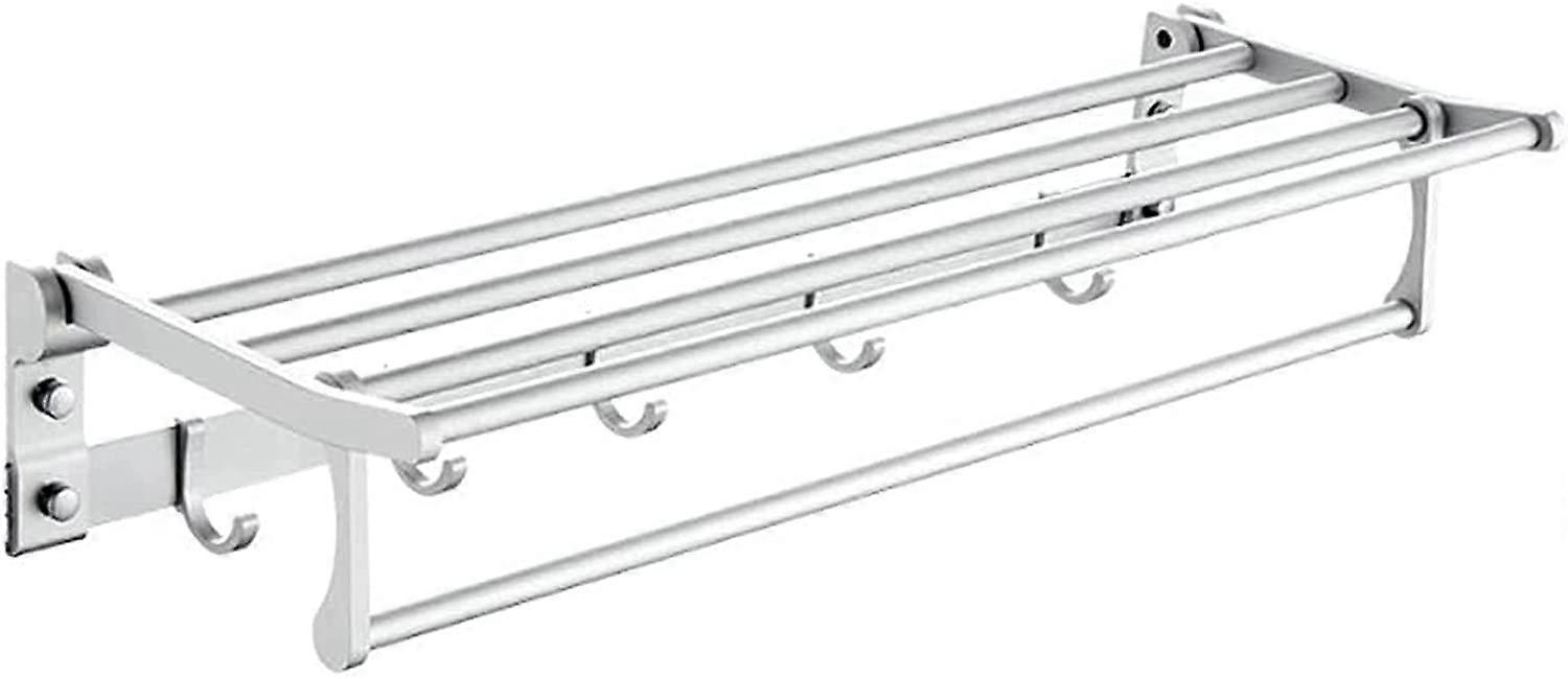 Aluminum Towel Rack 60 cm, Folding Hand Towel Holder, Wall-Mounted Bathroom Shelf with 5 Adjustable Hooks