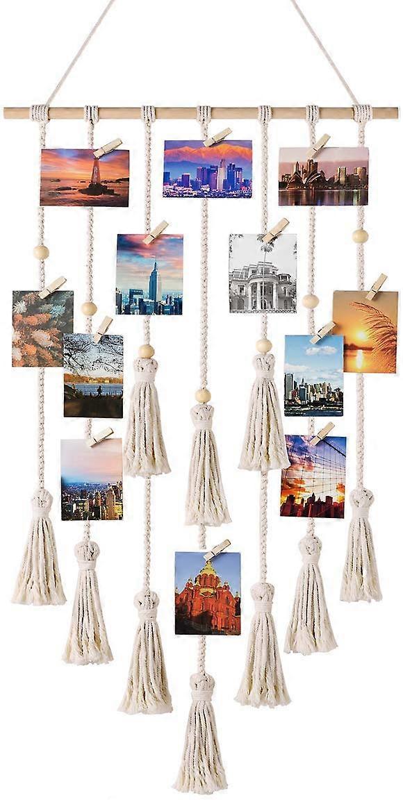 Hanging Photo Display Macrame Wall Hanging Picture Organizer for Home Decor, 30x40 Inches, Natural Cotton, Bohemian Style