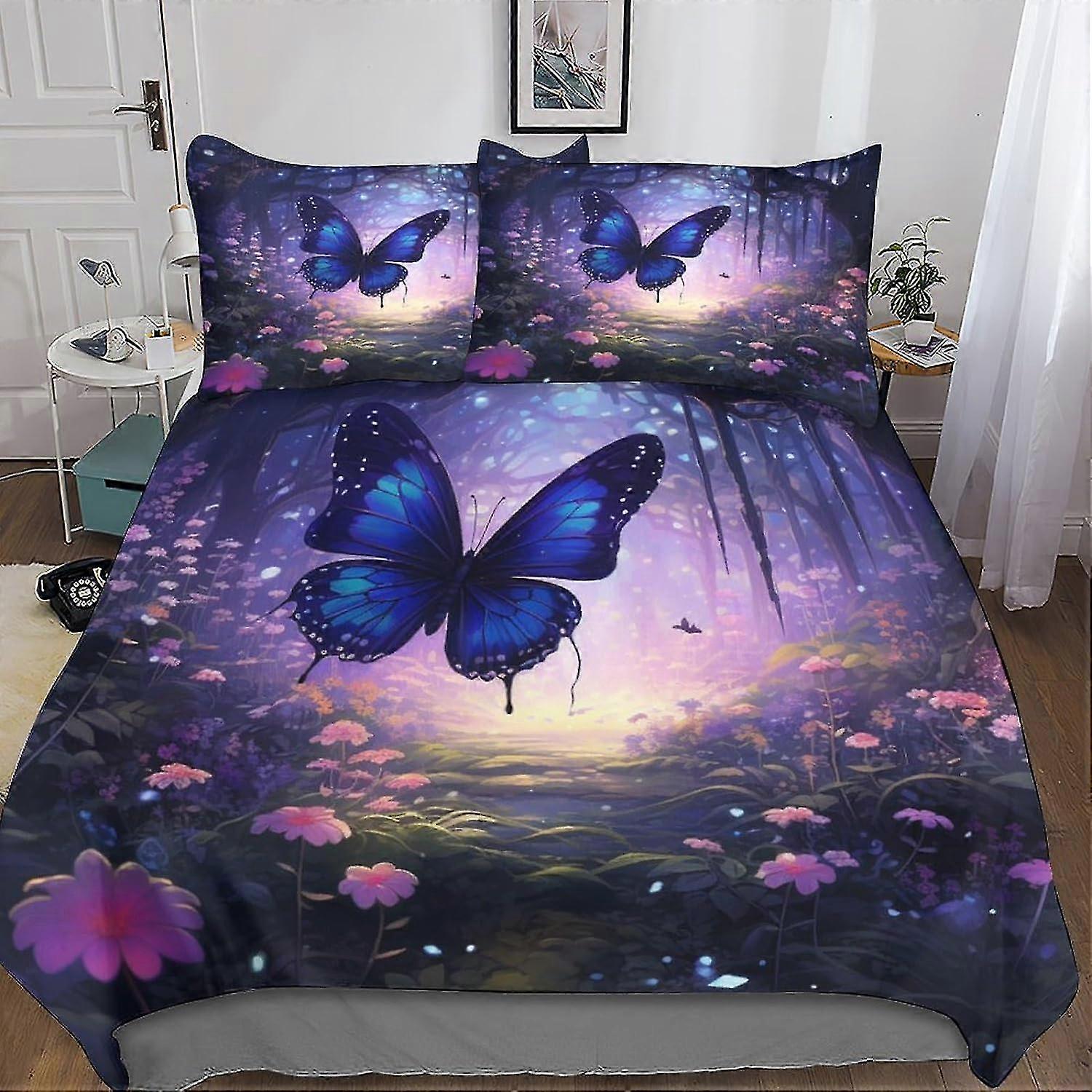 Conjunto de capa de edredão de flor de borboleta colorida 3D impresso em cama de microfibra macia 3 peças com fecho de zíper para adolescentes e adultos