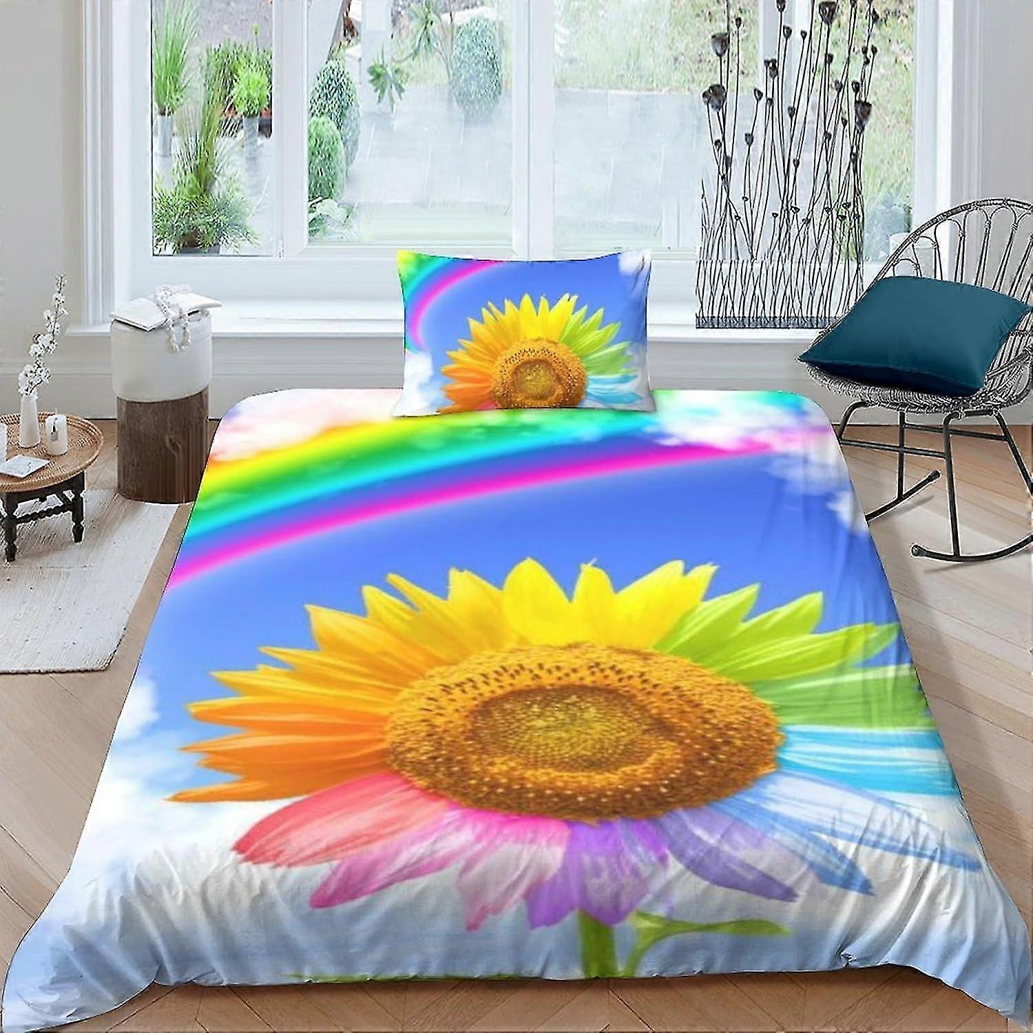 Capa de edredão arco-íris 3D Girassol Colcha de cama Capas de cama de microfibra com fronhas simples