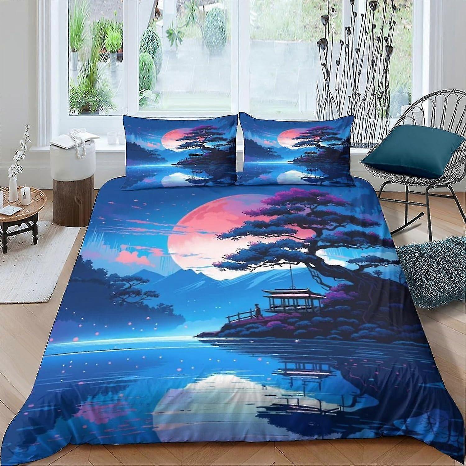 Conjunto de capa de edredom Blue Moon com fronhas, roupa de cama impressa em 3D, fecho de zíper, design exclusivo, antialérgico, tamanho duplo