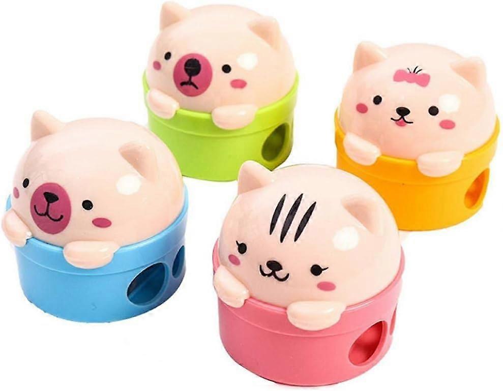 Pencil Sharpener, Cartoon Animal Double Hole Manual Sharpener for Kids, Students, School Stationery, 4 Pack