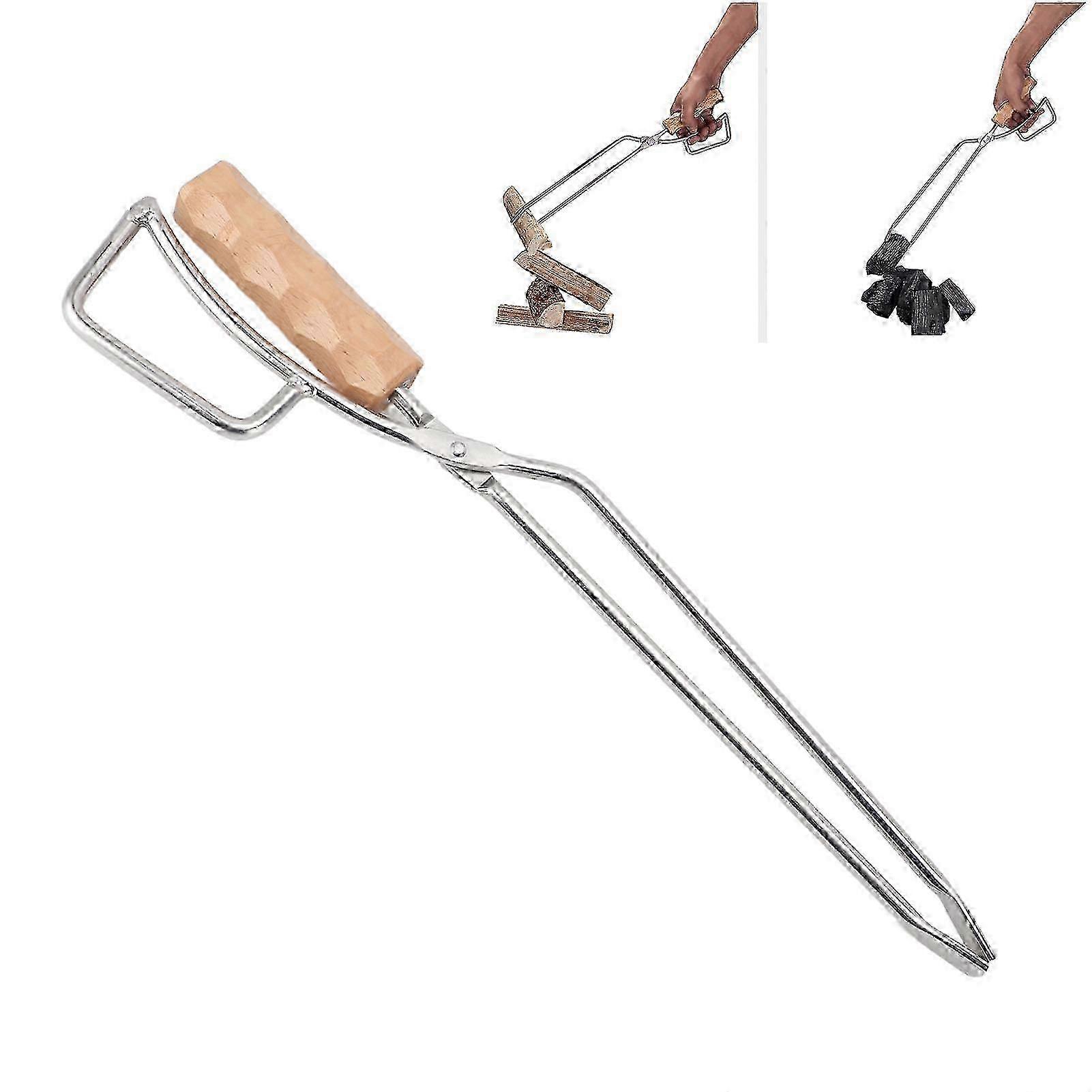 Stainless Steel Fireplace Tongs with Wooden Handle - Long Firewood Gripping Tool for Safe Handling of Logs and Firewood