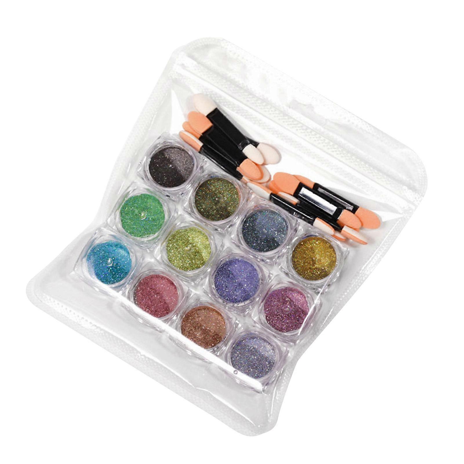 12 Colors Metallic Mirror Nail Powder Iridescent Laser High Glossy with 10 Paint Brush Manicure Chrome Powder
