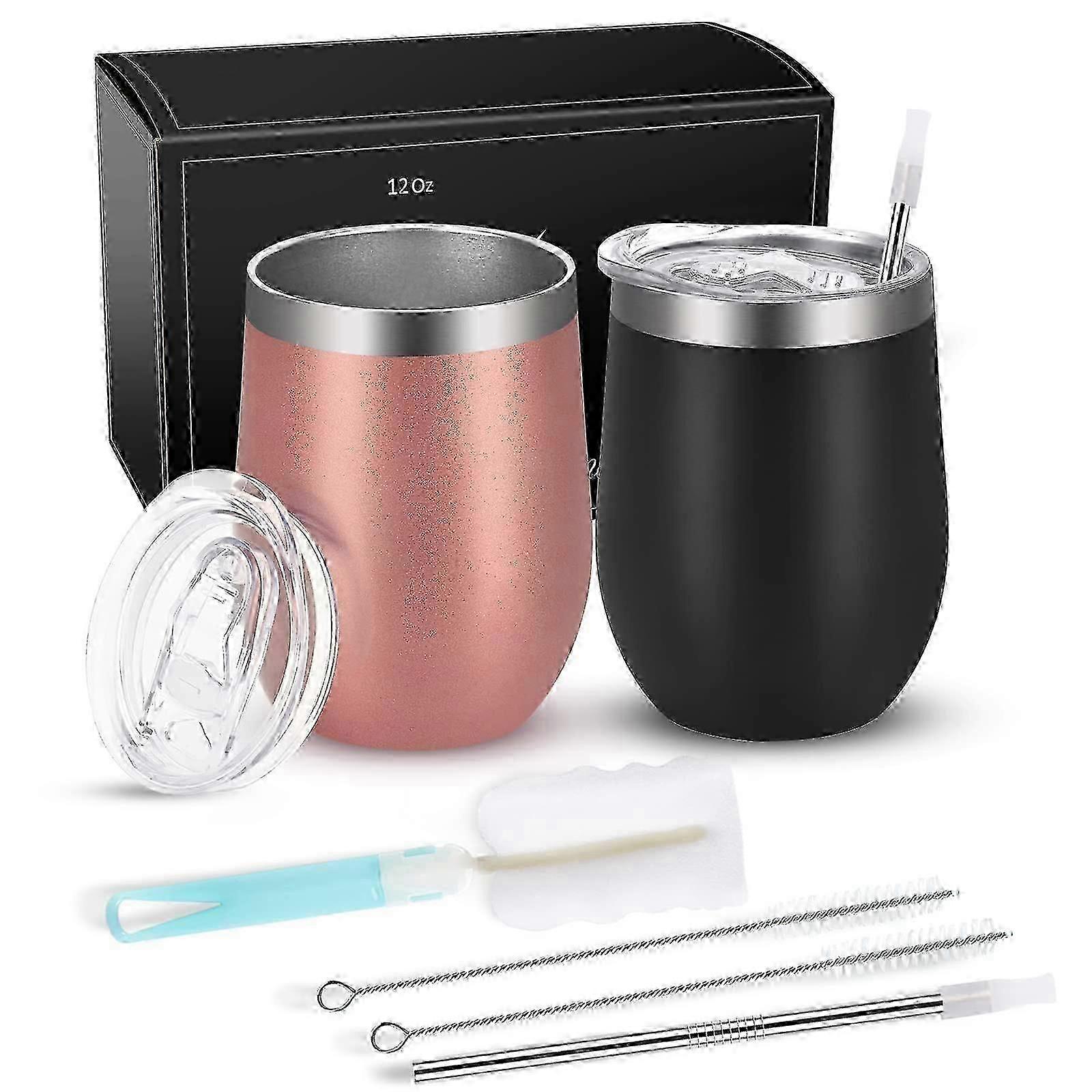 2-Pack Stainless Steel Stemless Wine Cups with Lids - Insulated & Reusable