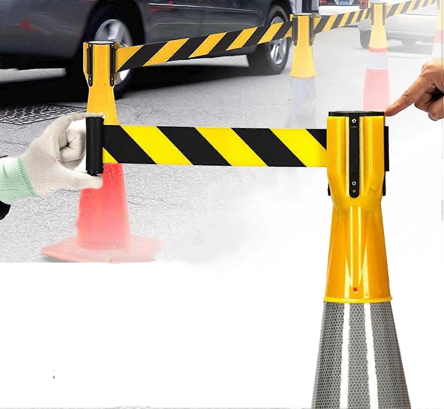 Retractable Traffic Cone With Barrier Belt And Hazard Tape, Hi-Vis Neon Yellow Striped Design, 3 m (9.8 ft)