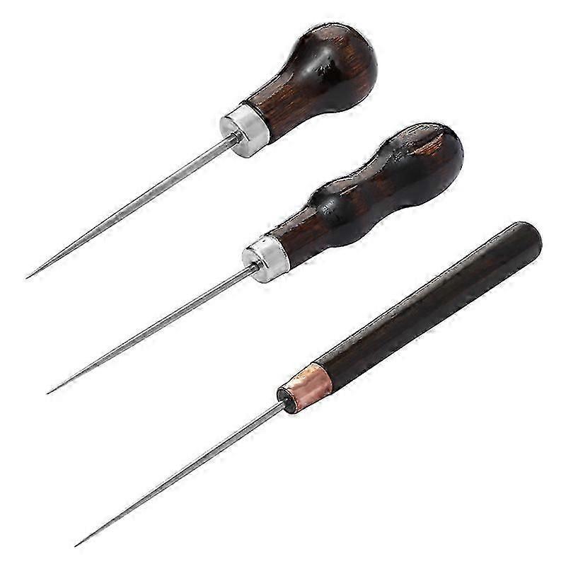 3 قطع من الجلد ، مقبض خشبي ، مقبض خشبي ، أداة خياطة جلدية ، مخرة بمقبض خشبي لخياطة الجلود ، جلد مصنوع يدويا (