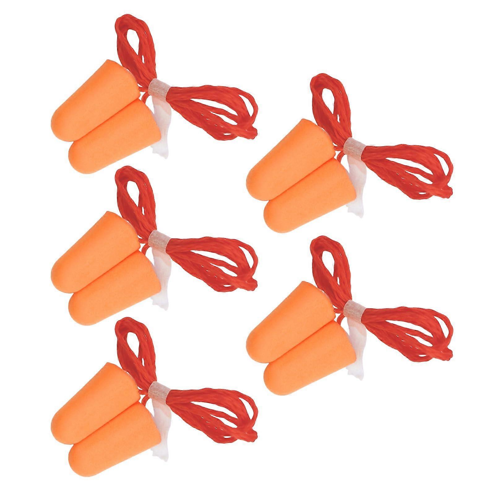 Soft Ear Plugs With Lanyard Foam Noise Cancelling Reusable Orange Color For Work Study Rest 5 Pairs