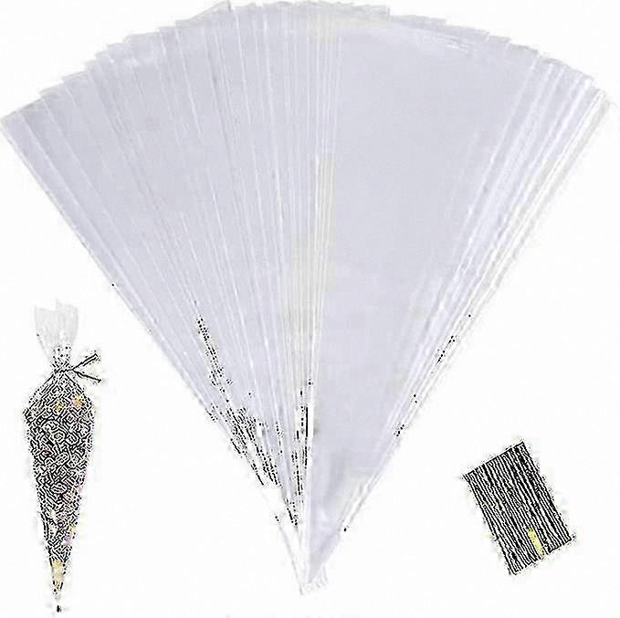 100 Count Transparent Cone Bags, 25x13cm Cellophane Sweets Packaging with Twist Ties for Candy and Snacks